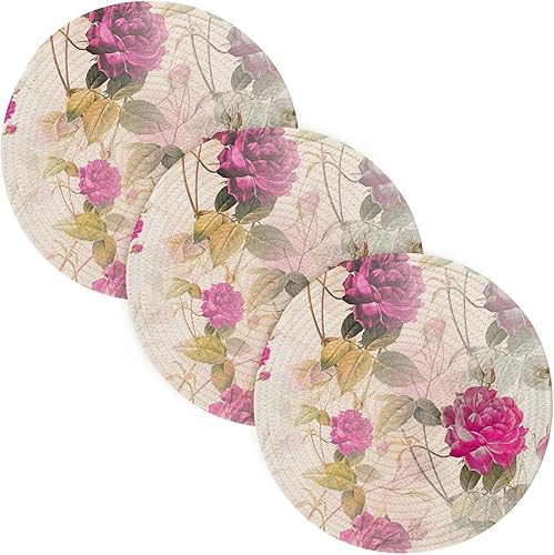 3 Pcs Trivet Pot Holder Pink Roses Flower Modern for Hot Pots and Pans 15in Cotton Thread Weave Heat Resistant Table Mats for Cooking Pot Home