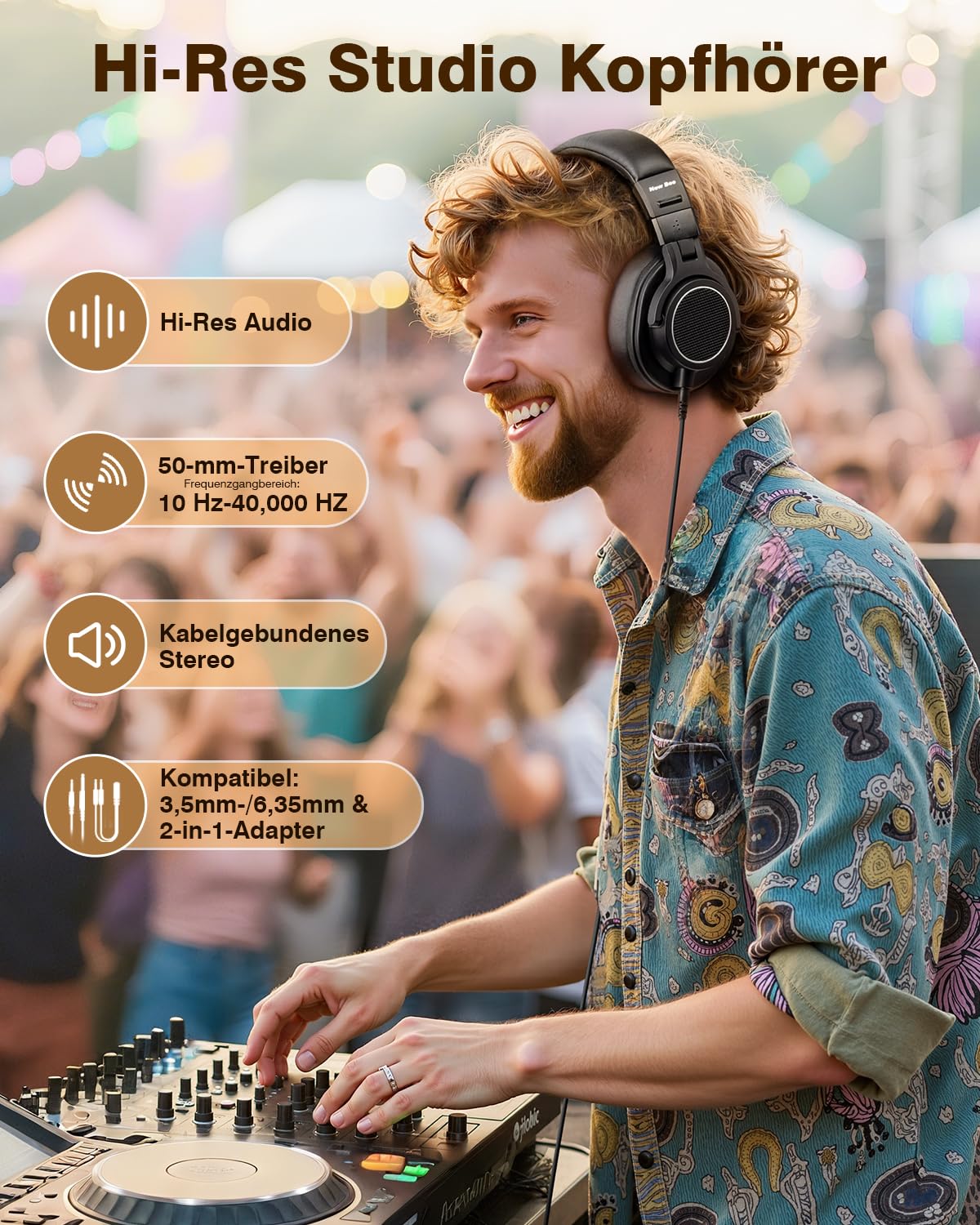 New Bee Studio Kopfhörer, 50mm Treiber Over Ear Kopfhörer mit Kabel, 6,35 & 3,5mm Klinke Kabelkopfhörer für Studio, DJ, Podcast, Monitor
