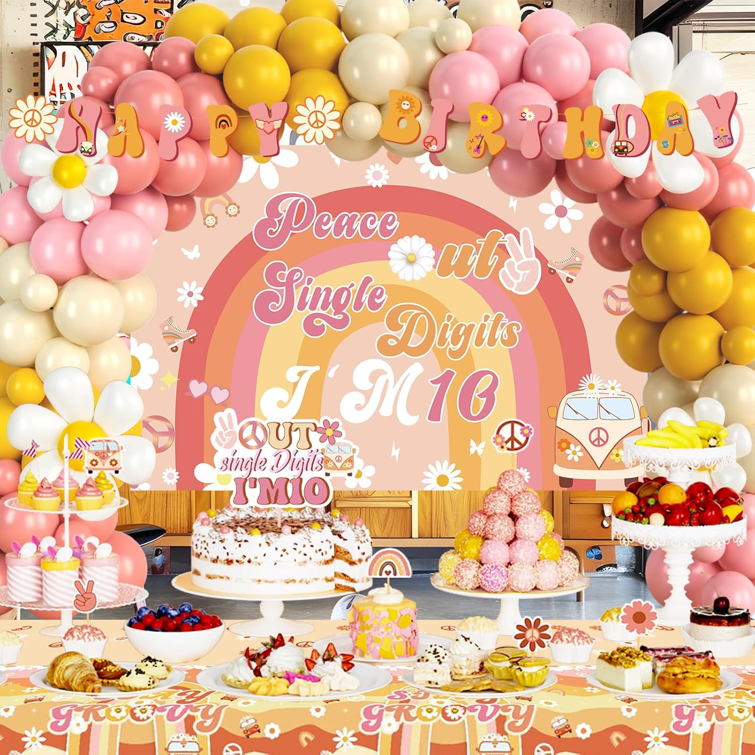 Party Inspo Peace Out Single Digits Party Décor, 10th Birthday Decorations for Girl, Groovy I’m 10 Backdrop Banner Cake Topper Number 10 Foil Balloon for Boho Ten is a Vibe Birthday Party