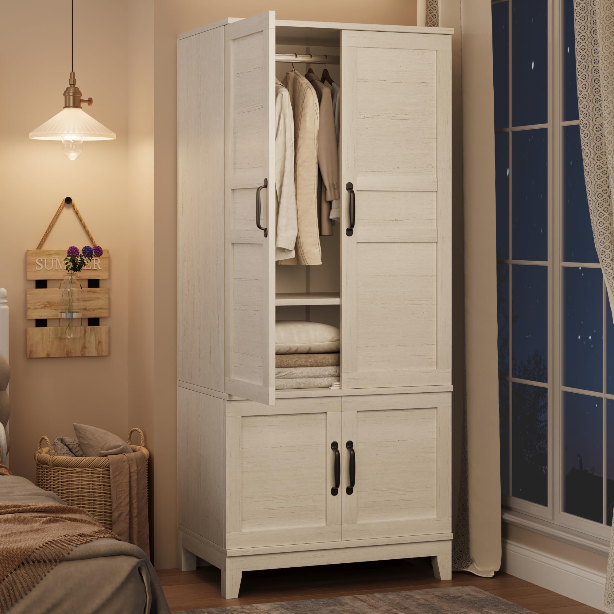 GarveeHome Armoire Wardrobe Closet with 4 Doors, 72 in Wooden Wardrobe Cabinet with Hanging Rod, Freestanding Tall Clothing Armoire Storage Cabinet