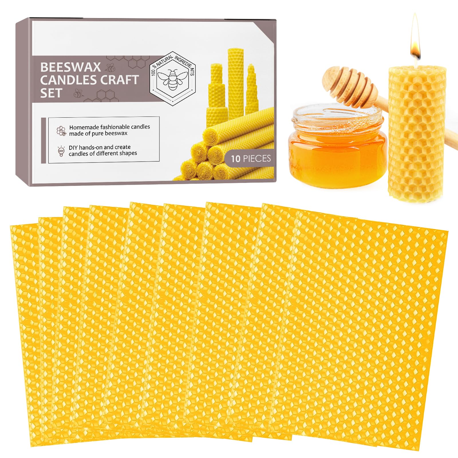 Pack of 10 Beeswax Plates, Beeswax Sheets for Candles, Natural Candle Making and Crafts, Beeswax Plates, DIY Candles Craft Set for Craft Gifts, Parents, Child Craft Action