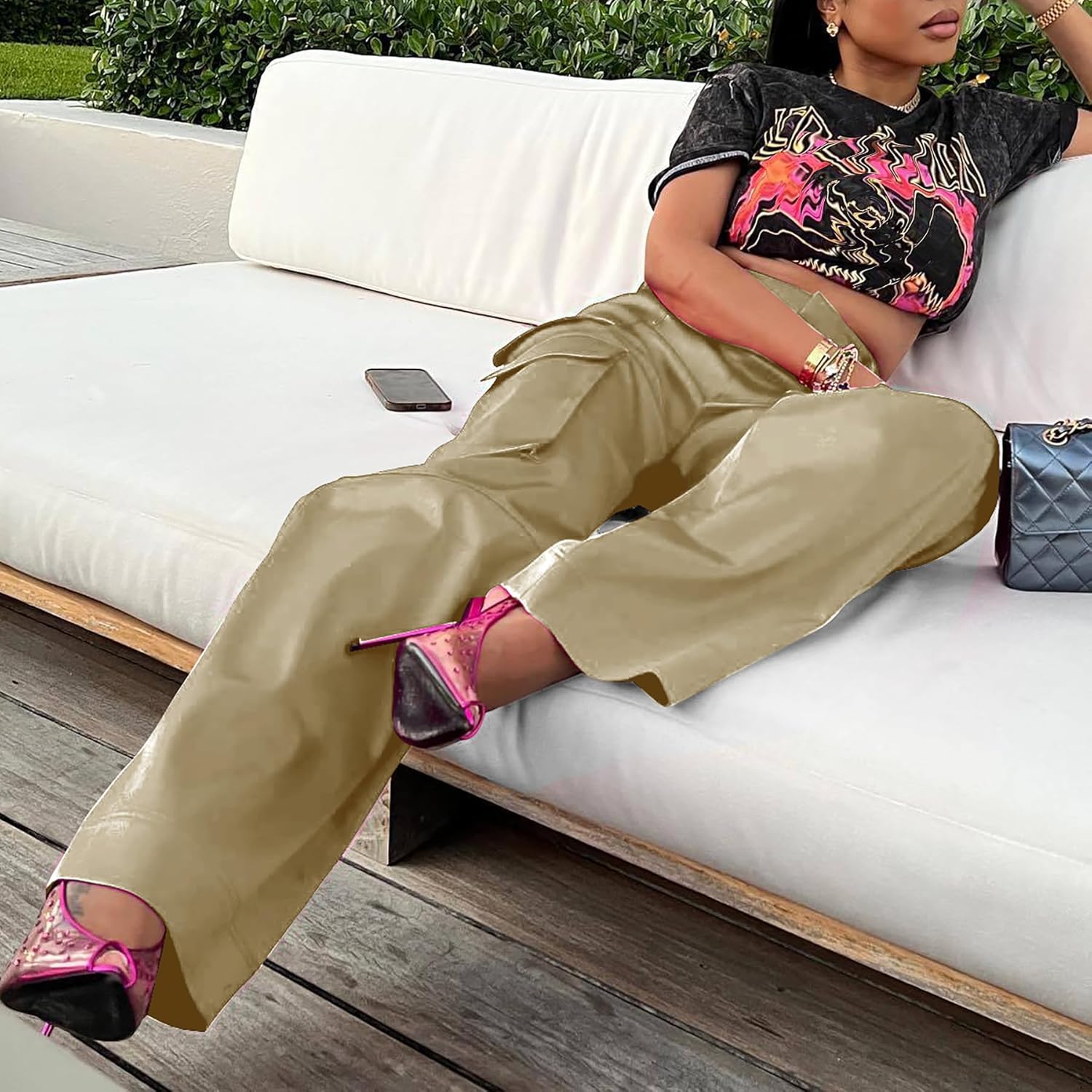 NRTHYE Women High Waisted Satin Cargo Pants Wide Leg Casual Pants Multi Pockets Straight Trousers - Image 4