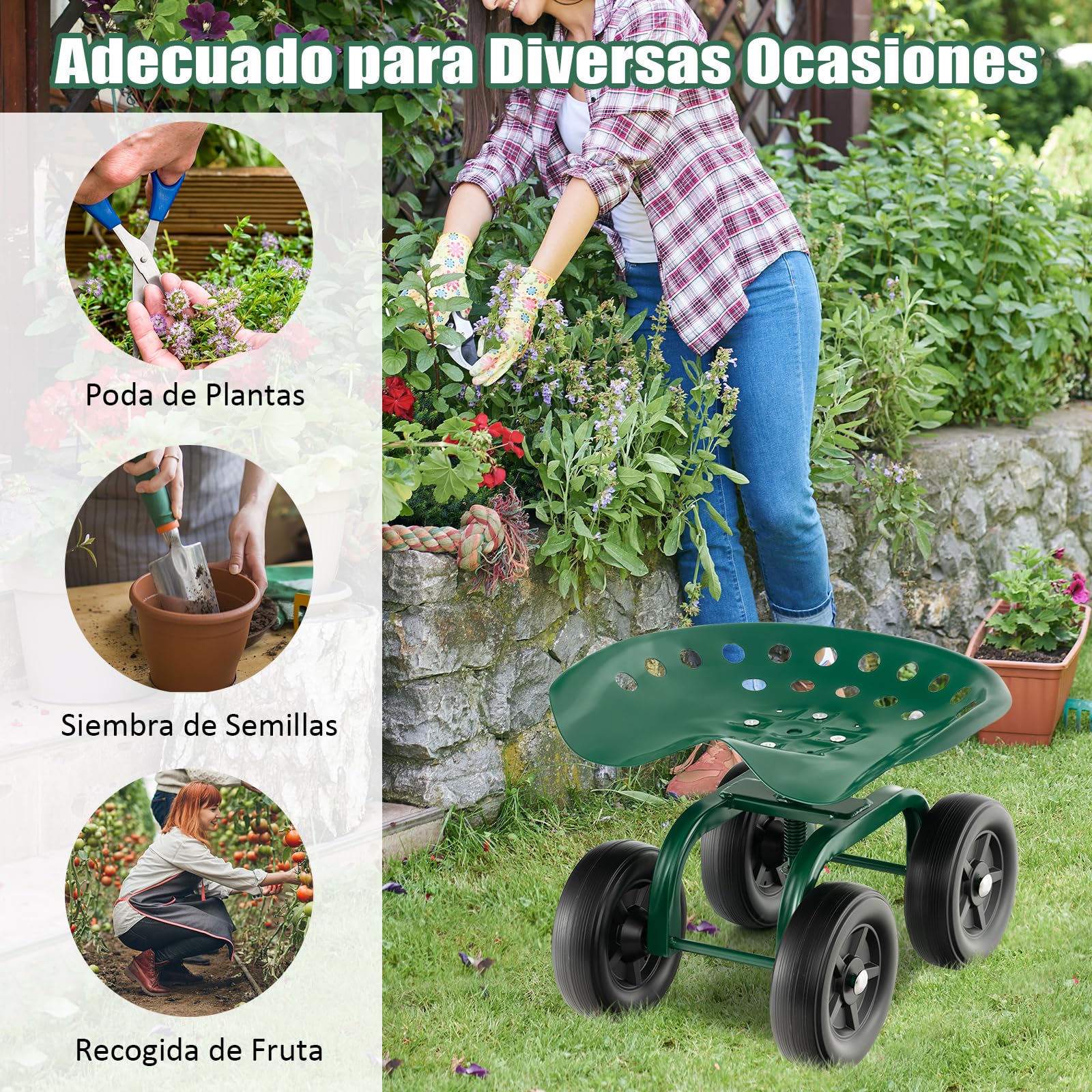 GOPLUS Asiento de Jardín con Ruedas, Taburete Móvil para Jardinería con Asiento Giratorio de 360° y Altura Ajustable 28-40 cm, Carrito para Trabajo en Jardín Patio Césped, hasta 150 kg