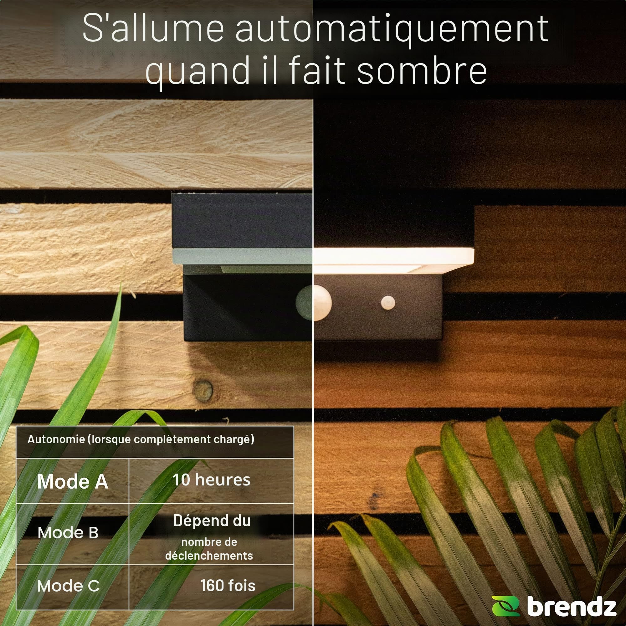 Brendz Applique murale exterieur solaire, Detecteur de mouvement, Lampe solaire exterieur, 600 Lumens, blanc chaud 3000k, Imperméable IP44, Eclairage exterieur solaire avec 3 Modes de Lumière, (2 pcs)