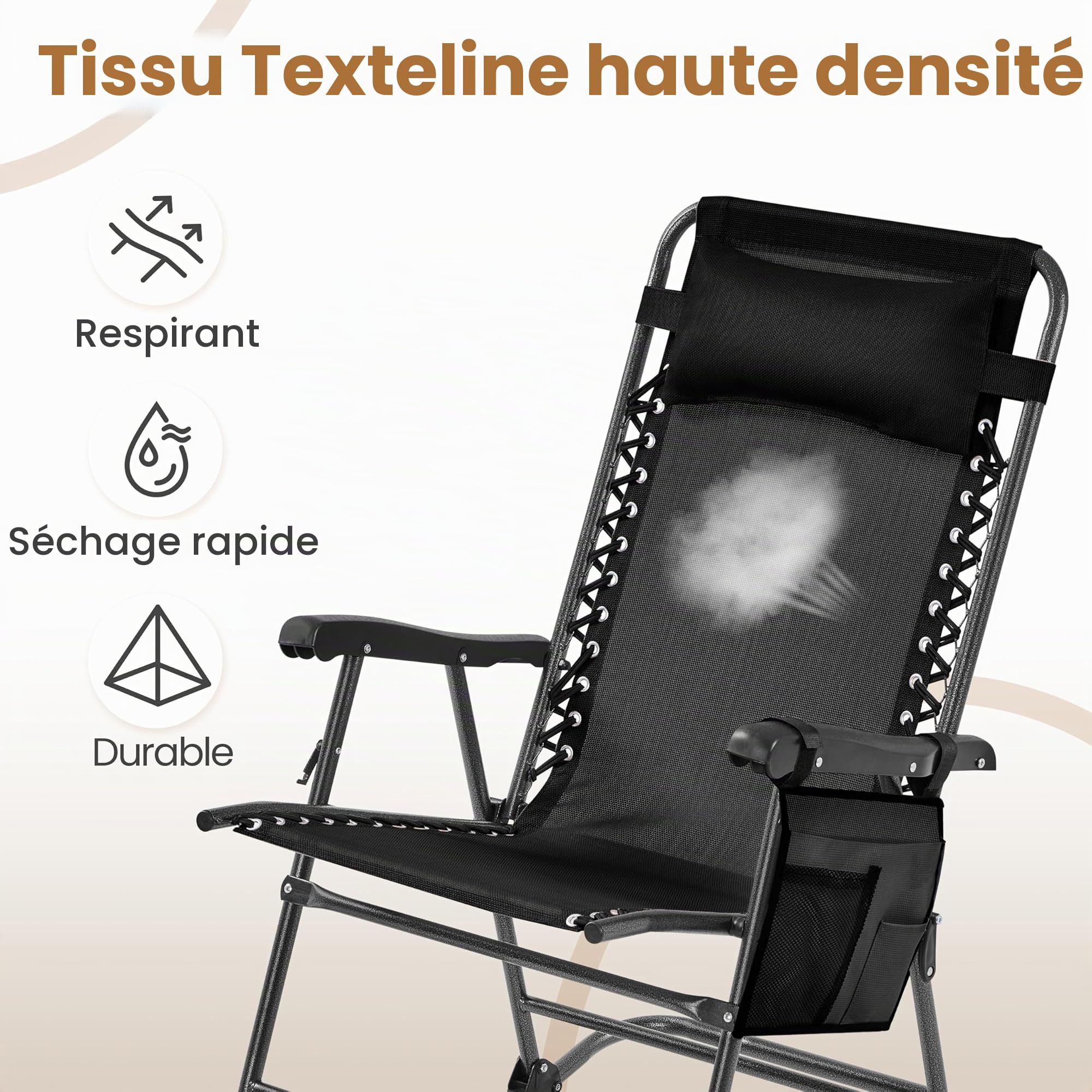 Yaheetech Basics Fauteuil à Bascule Pliant Rocking Chair Pliable de Jardin 102 x 65,5 x 103 cm avec Têtière Réglable Poche de Rangement pour Jardin Patio Terrasse Camping Voyage Noir