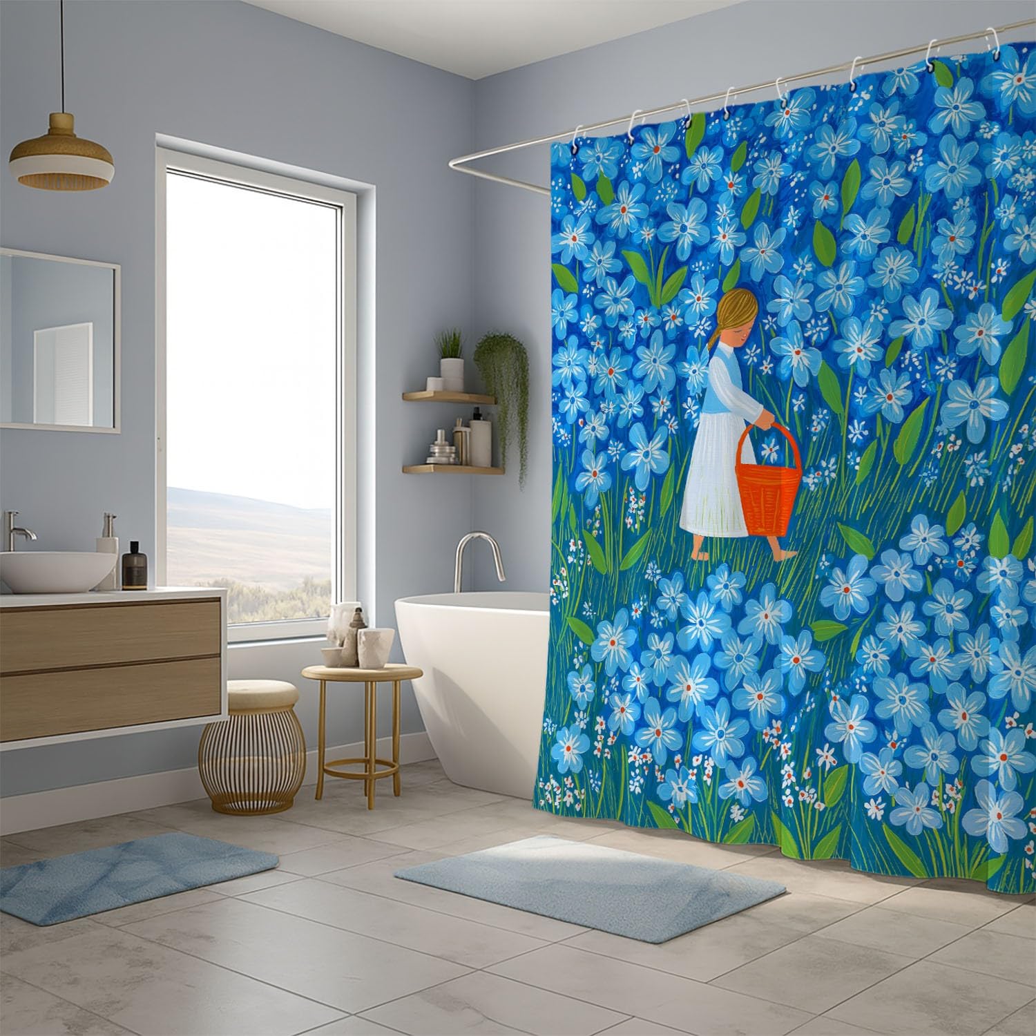 Generisch Zasłona prysznicowa 240 x 200 cm, zestaw 1 szt., miękka mikrofibra, wodoszczelna i odporna na pleśń, nadaje się do prania, do łazienki i wanny, z oczkami i haczykami, niebieska, sztuka