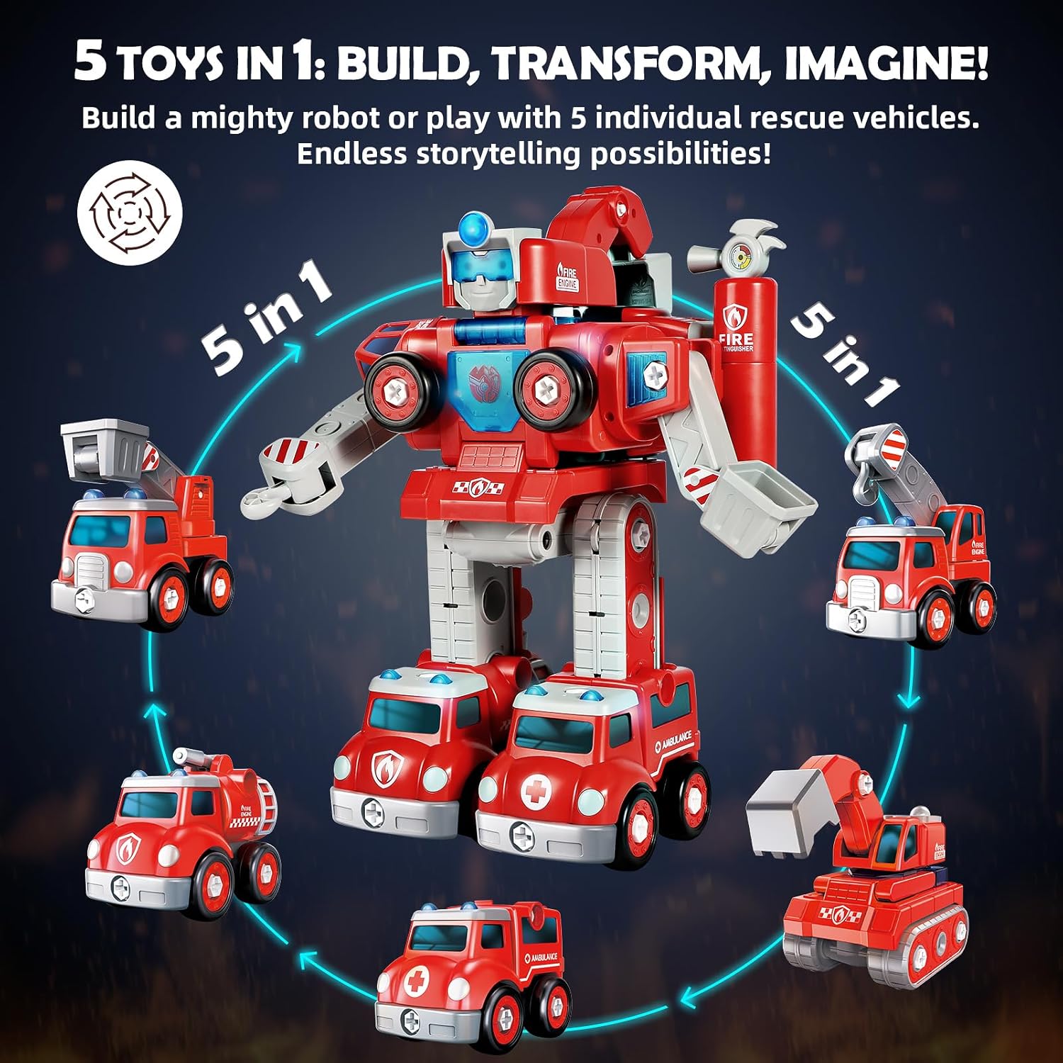 Baobrava 3 4 5 6 Year Old Boy Birthday Gift, 5-in-1 Take Apart Fire Truck Toys, Transformers Robot Toys for Boys 3-8, STEM Montessori Drill Screw Set, Creative Educational Construction Gifts