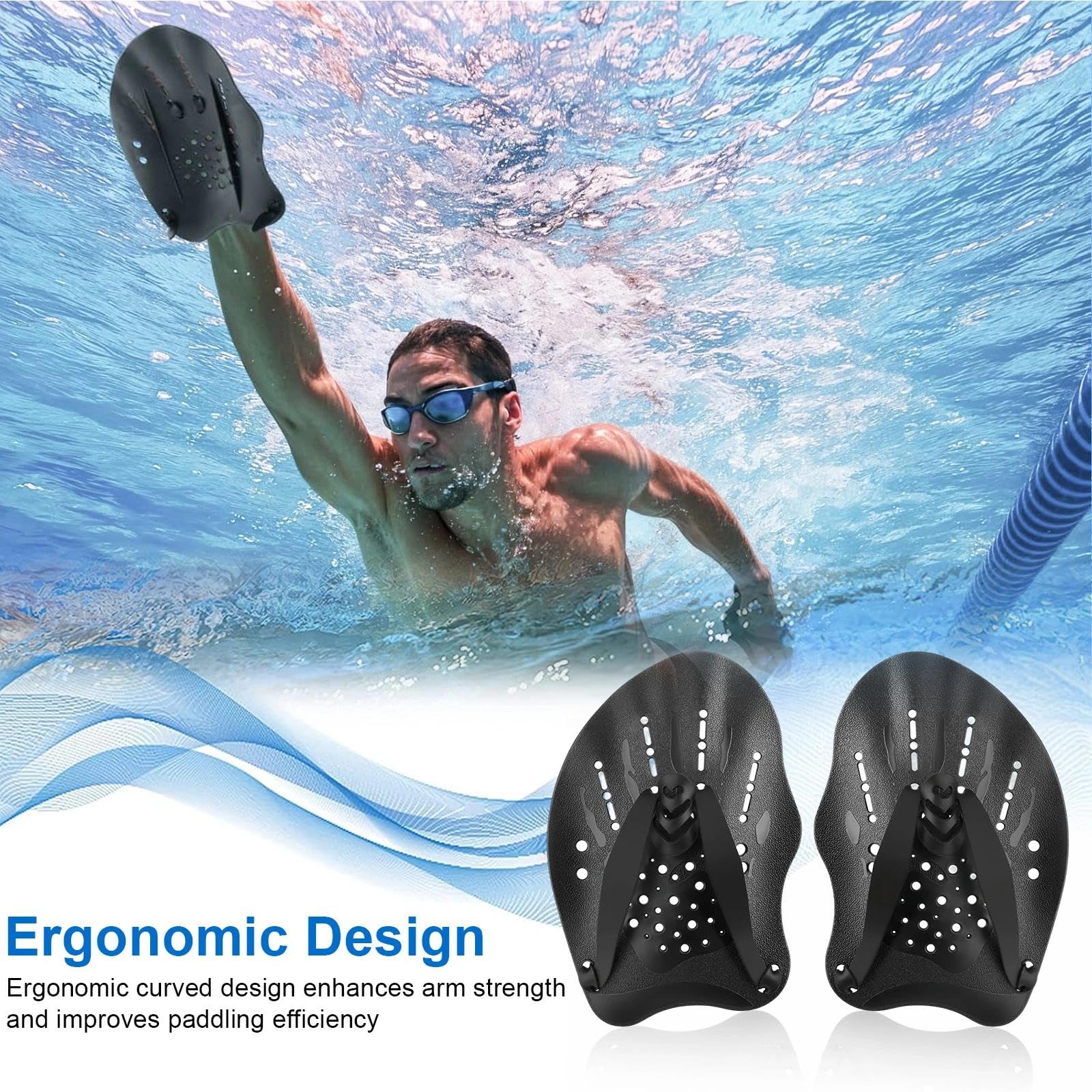 Palas de natación con Correas Ajustables - Ayuda para Entrenamiento de Fuerza - Equipo de Ejercicio de Piscina