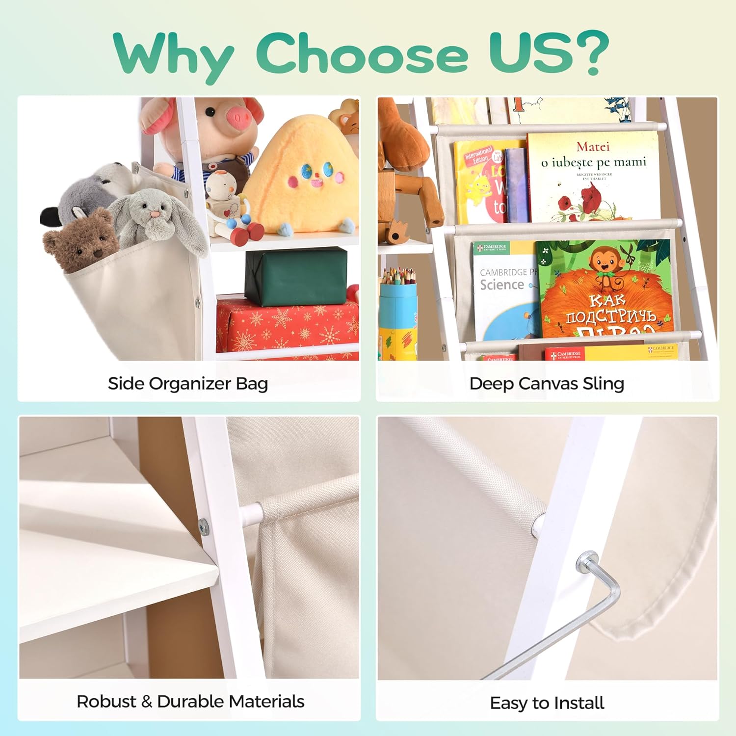 Kids Bookshelf with Storage Bag, 3 Tier Bookshelf and Toy Storage Organizer for Kids, Kids Bookcase Metal Non-Slip Book Shelf for Kids Room, Bedroom, Playroom and Nursery, White