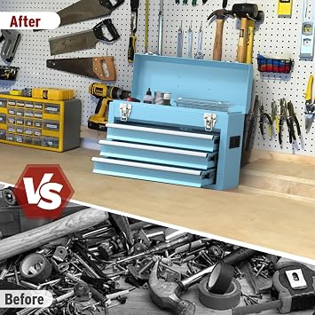 3 Drawers small Tool Box, Portable 3 Drawer Steel Tool Box with Locking System toolbox organization with Liner for Tools Storage (Blue)