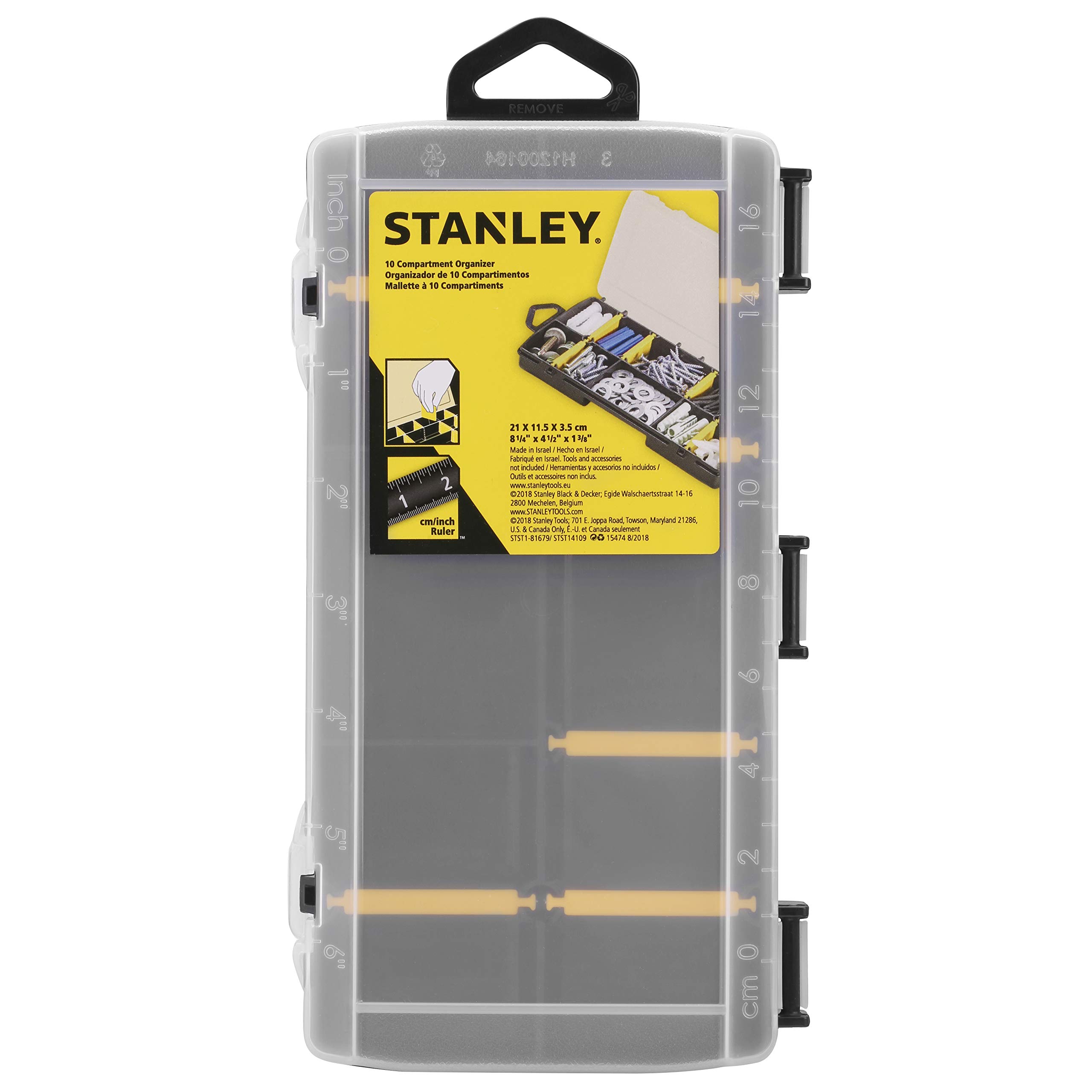 STANLEY Organizador básico con 10 compartimentos, divisores extraíbles, personalizable, regla marcada en la tapa, polipropileno de alto impacto, dimensiones 21x11,5x3,5 cm, STST81679-1