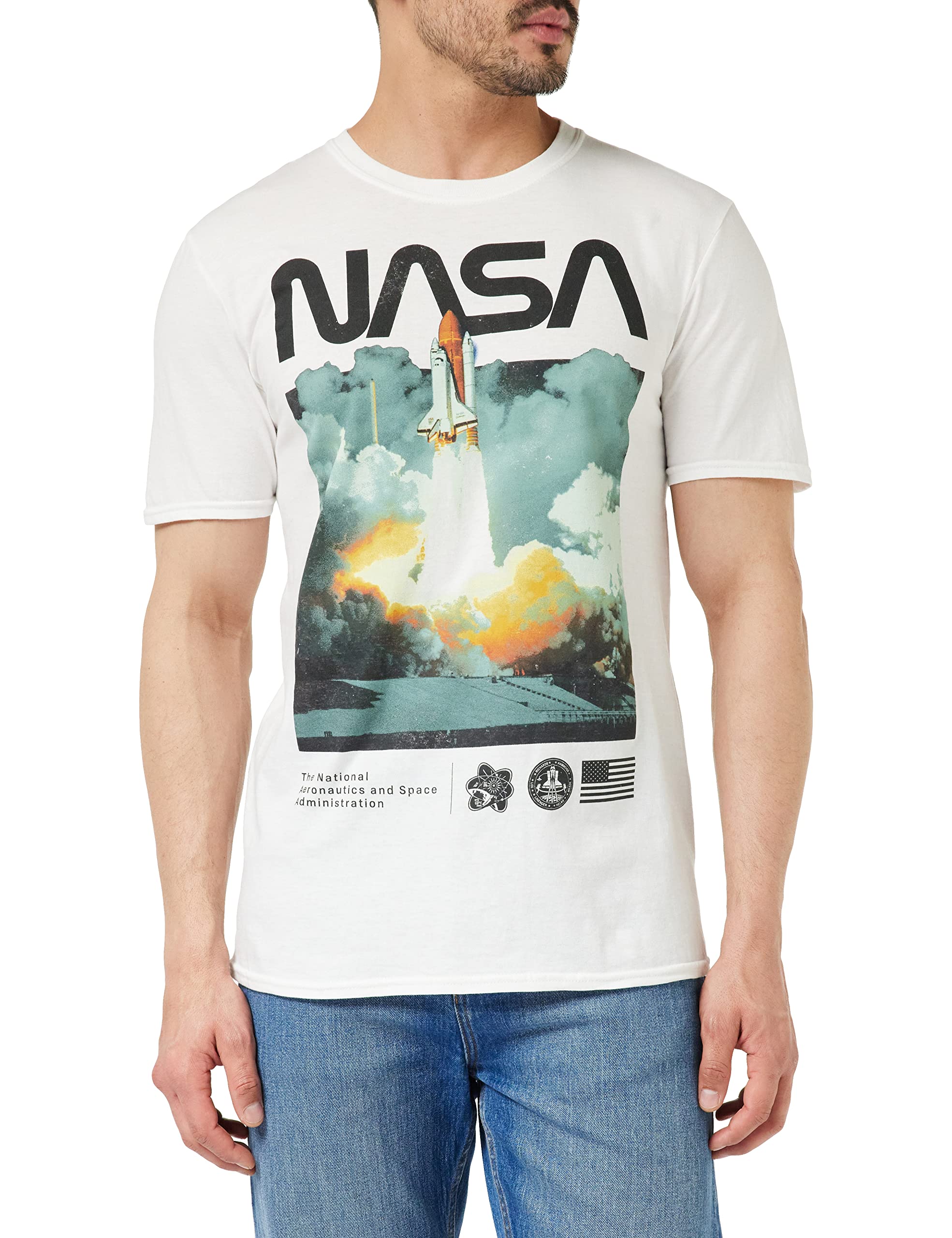 Nasa Men's Lift Off T Shirt, White, S UK