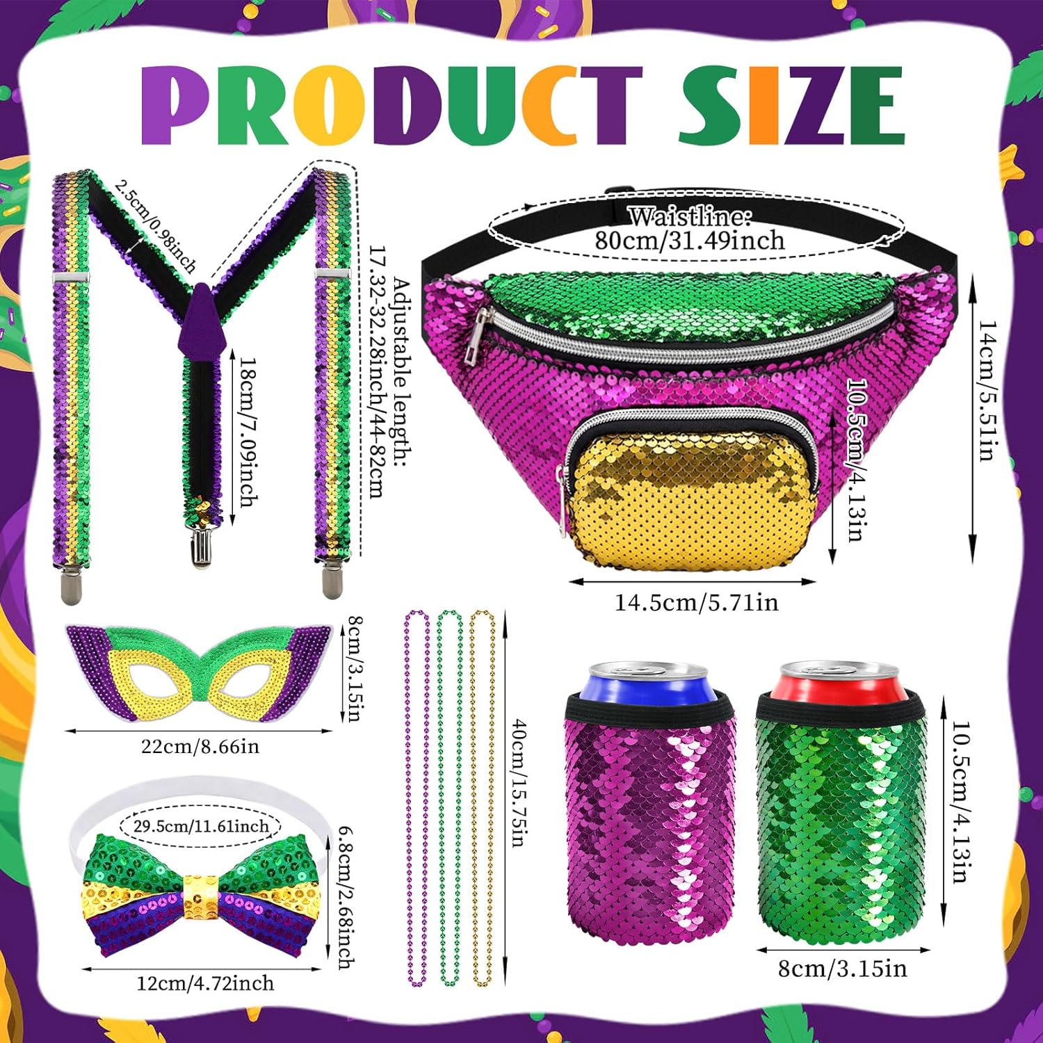 NOVWANG Mardi Gras Costume Set for Men, Mardi Gras Outfit Accessories Sequin Fanny Pack, Mask, Suspenders, Bow Tie and 3 Necklaces (Purple, Green, Gold) - Image 3