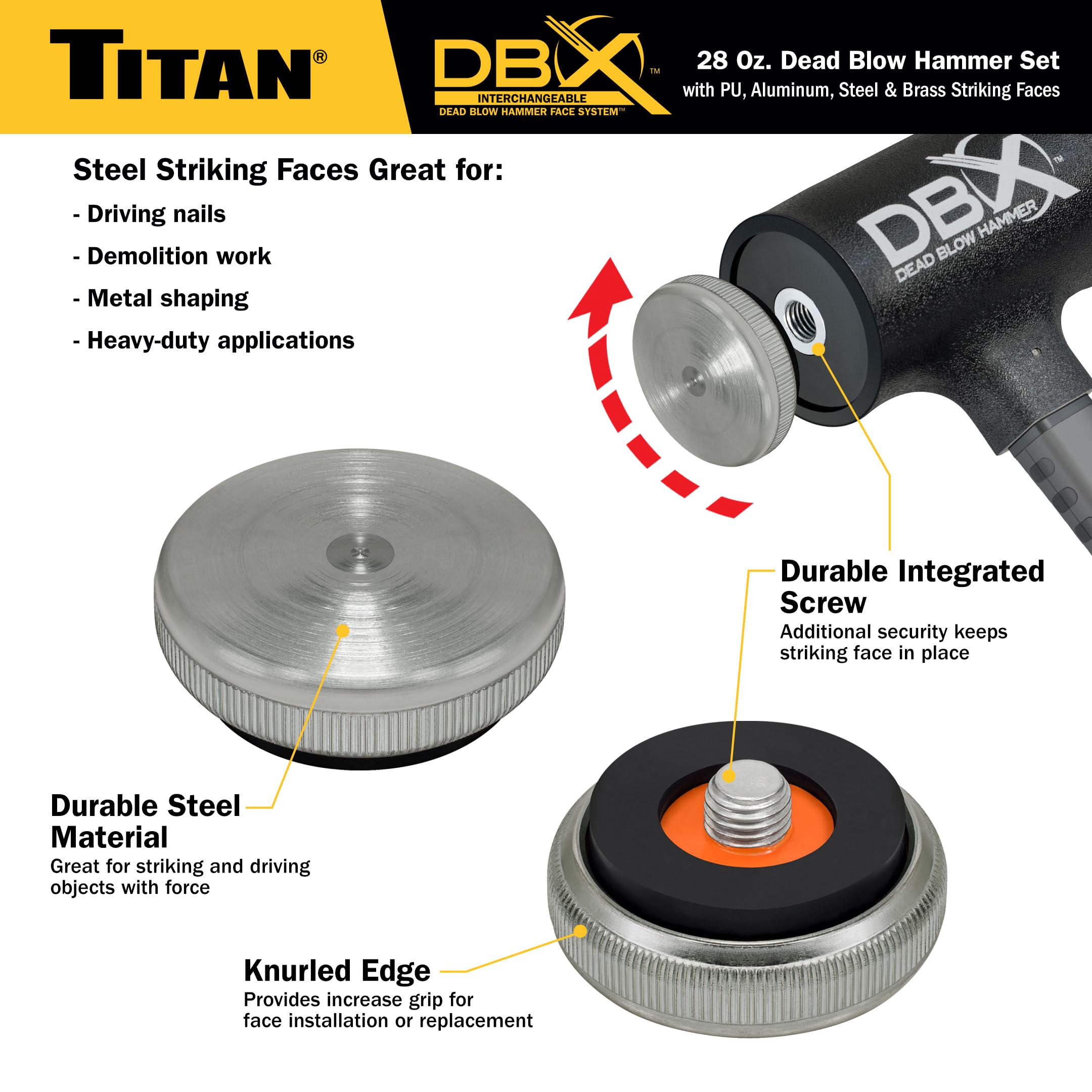 Titan DBX 63634 - Juego de martillo de soplado muerto de 28 onzas con caras intercambiables de poliuretano, acero, aluminio y latón