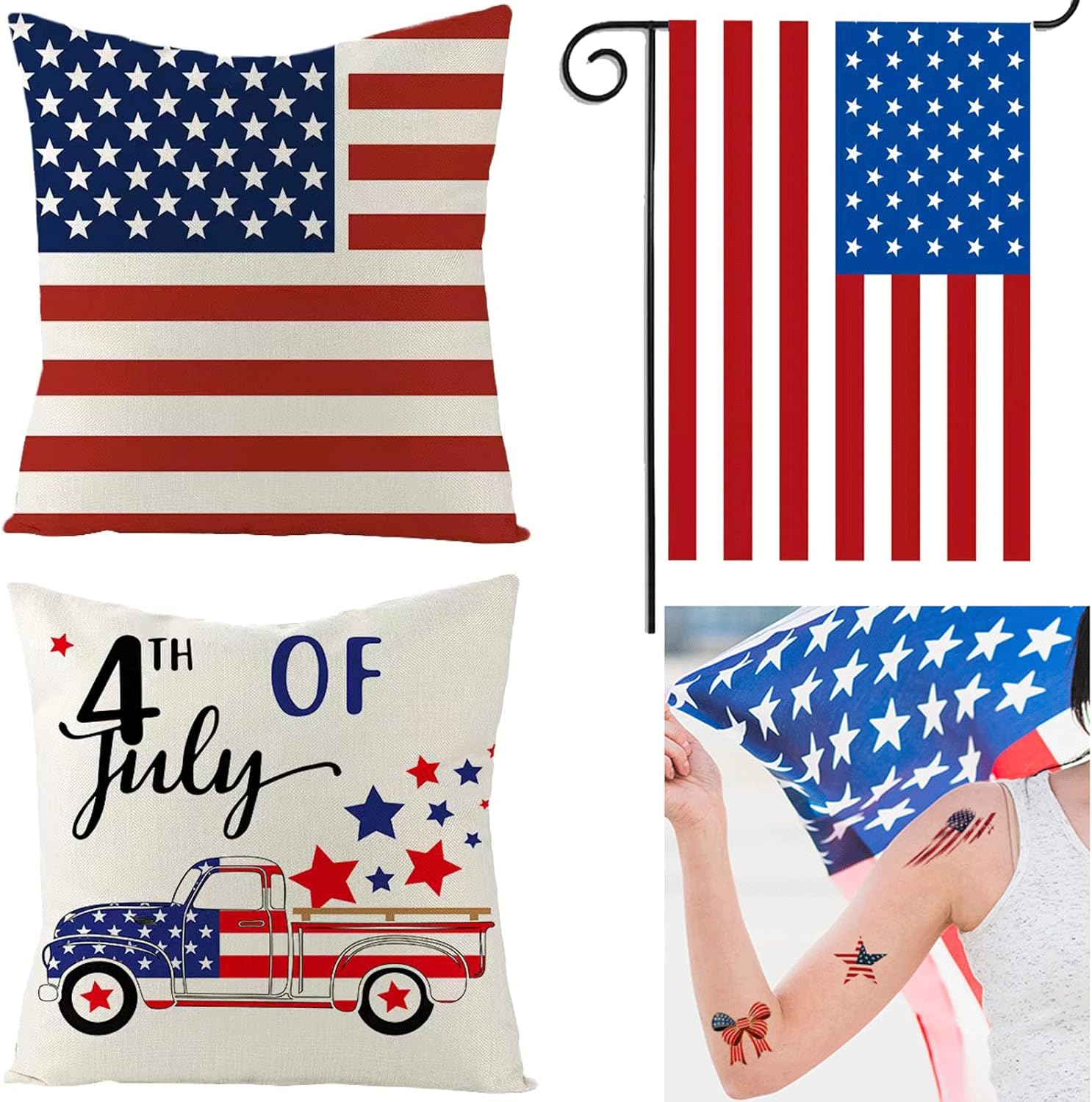 TOMTU 4th of July Decorations Throw Pillow Covers 18x18 Inch Set of 2Independence Memorial Day Decorations Cushion Case for Home with 12 x 18 Inch USA Garden Flag and Sticker