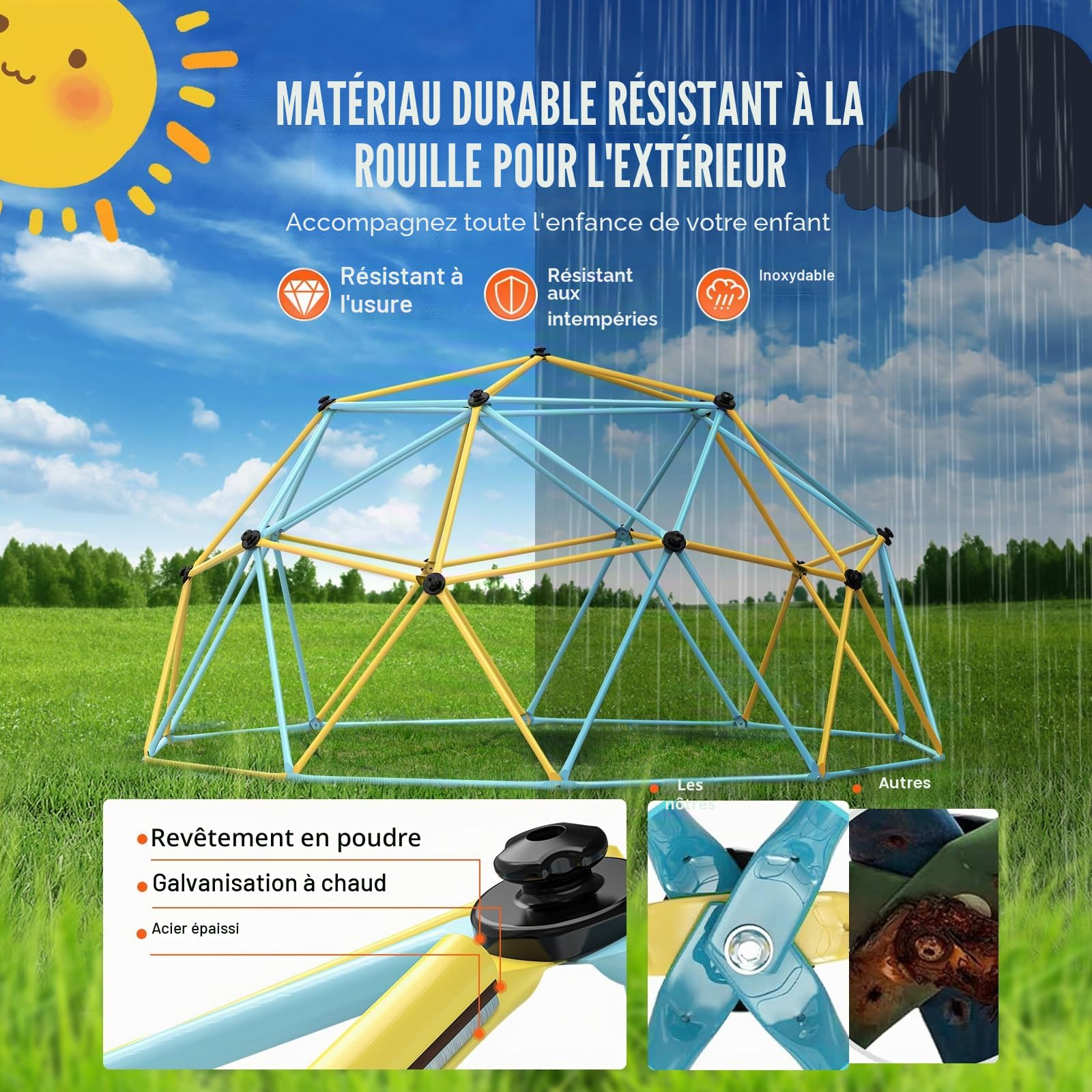 VEVOR Dôme d'escalade, Salle de Sport de la Jungle supporte 340,2 kg et Assemblage Facile, Centre de Jeu géométrique de 3 m pour Enfants de 3 à 10 Ans, avec poignée d'escalade, équipement de Jeu