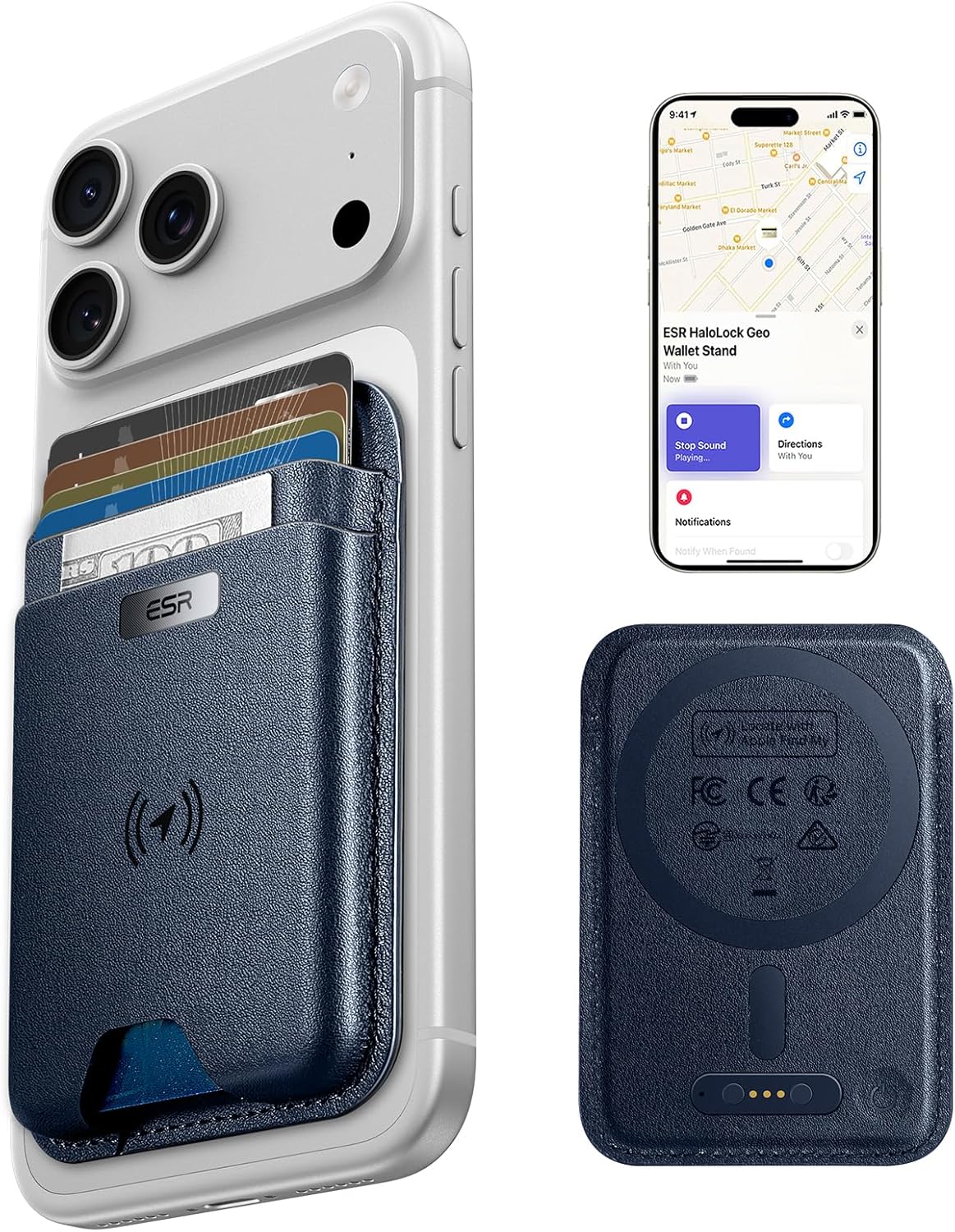 ESR Geo for MagSafe Wallet with Full Find My Functionality, RFID Blocking, 5 Cards Holder for Phone Case, Strong Magnetic Wallet for iPhone 17e/17/16/15/14/13/12 Series, Not for Mini, Dark Blue