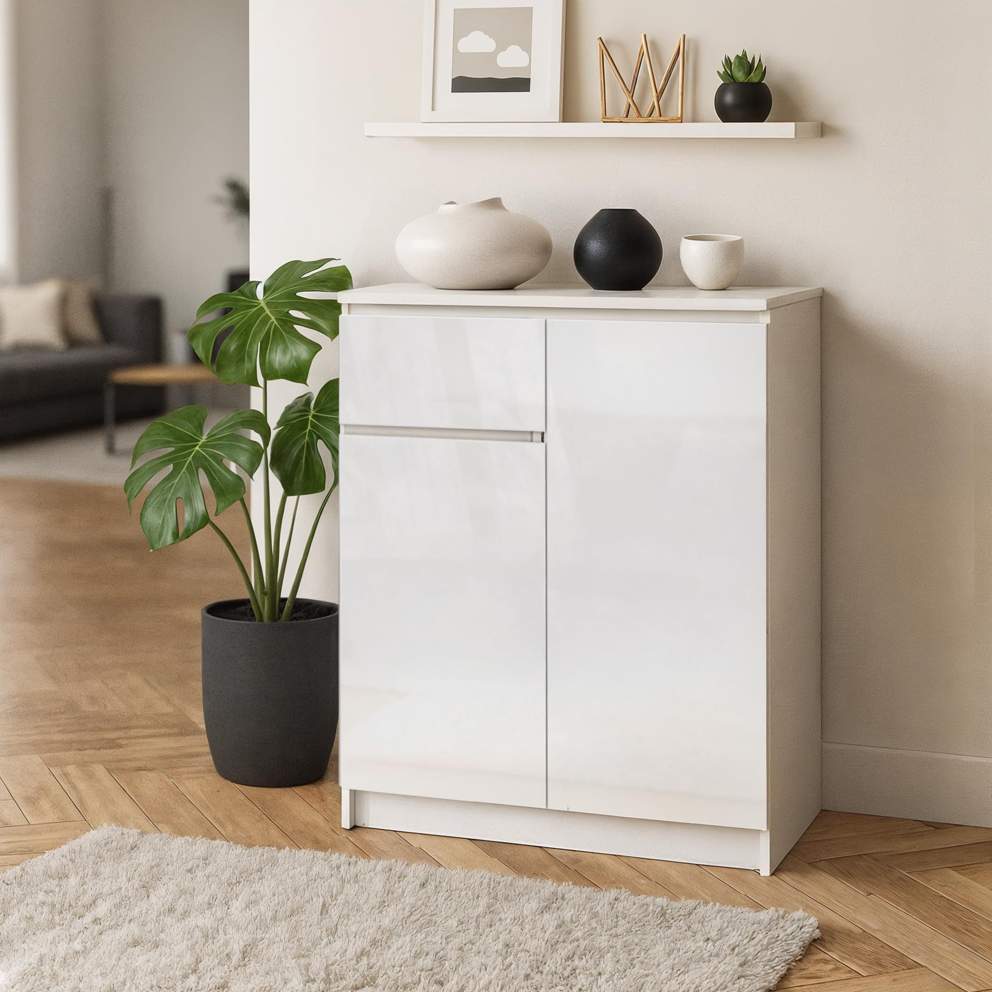 AKORD Cassettiera K80 con 2 ante e 1 cassetto | Mobiletti Ingresso Bagno | Armadio Cameretta | Comodino | Design moderno | L80 x H99 x P40 cm, peso 34 kg | Bianco & Bianco Lucido Frontale