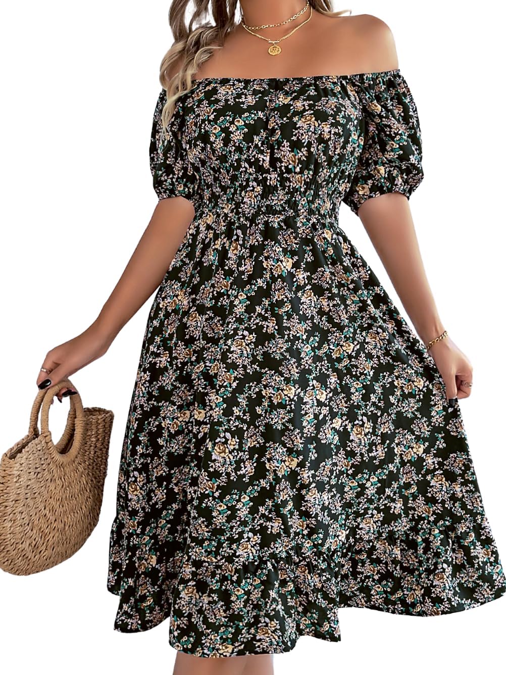 Floral Dress for Women, Puff Sleeve A Line, Spring Tea Party, Knee Length Casual Flowy Milkmaid Boho Flower