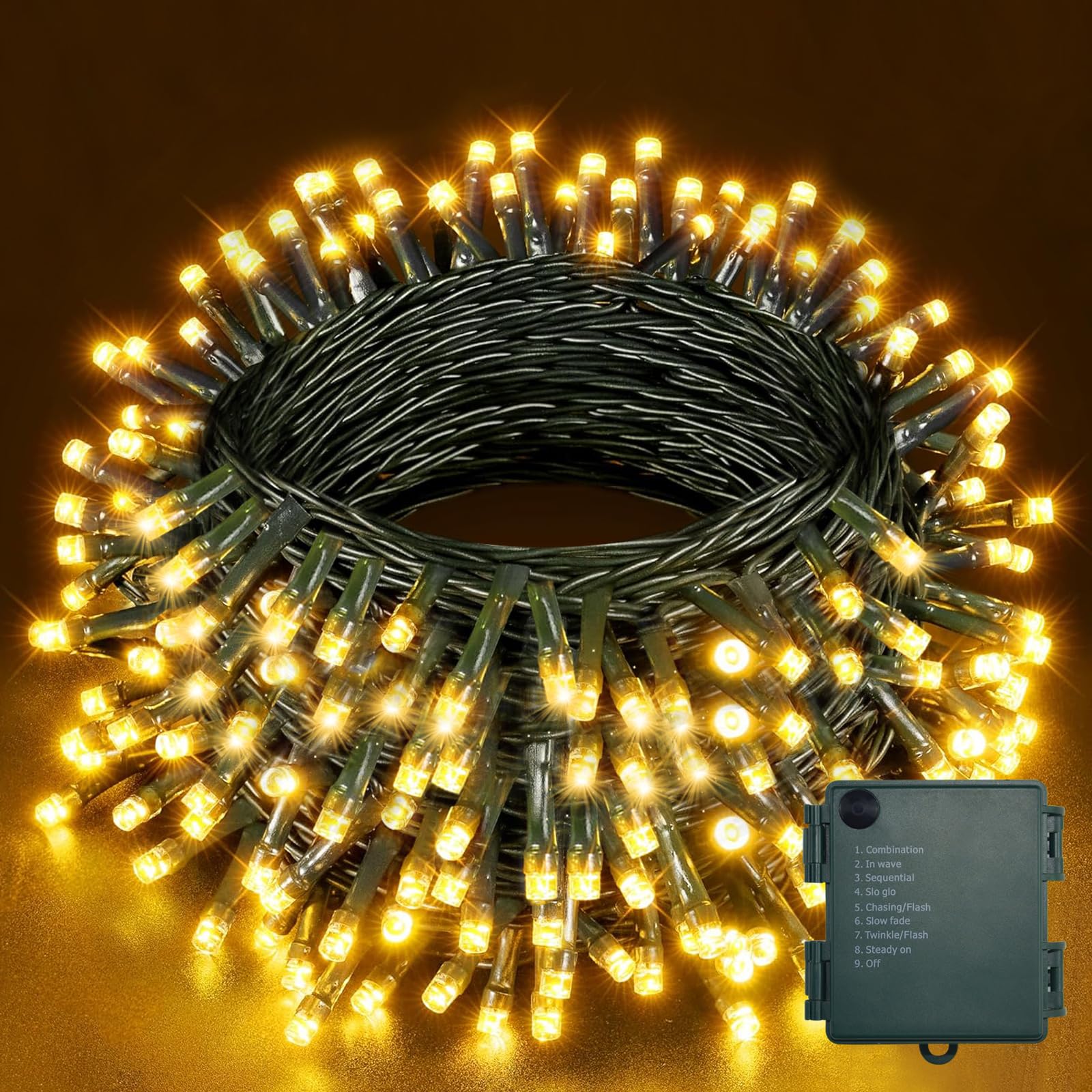 YIFMOO Cadena de luces con batería, 20 m, 200 LED, para exterior e interior, con temporizador, 8 modos, impermeable, luces de Navidad, cable verde, para Navidad, jardín, fiestas, decoración, blanco