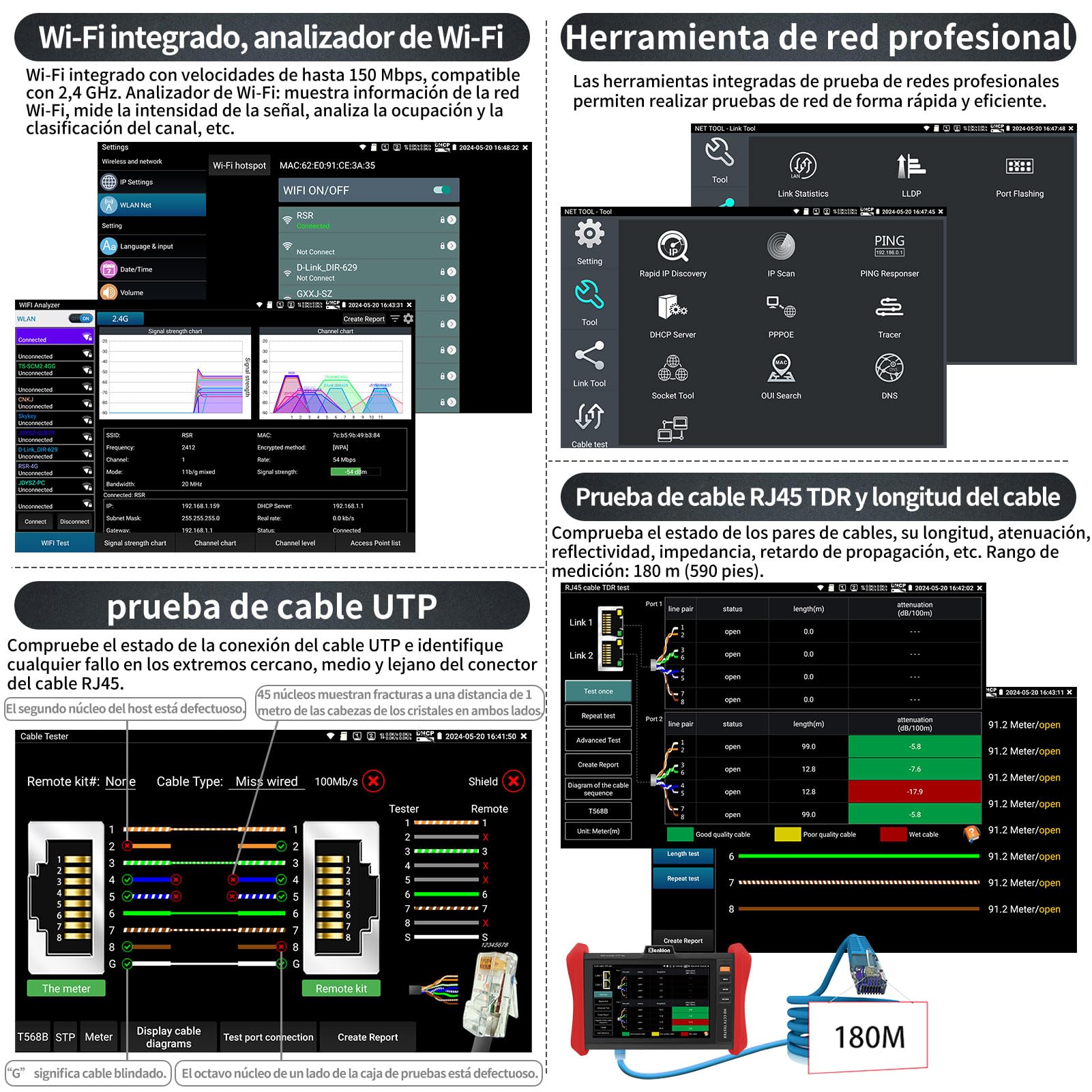 Henkion Monitor Probador de CCTV 4K 12MP Tester Cámaras IP POE++ Máx 90W Test Cámaras POE Pantalla Táctil IPS 8 pulgadas 1920x1200 Módulo SFP 1CH WiFi Herramientas Red Test Cables Detección POE E88