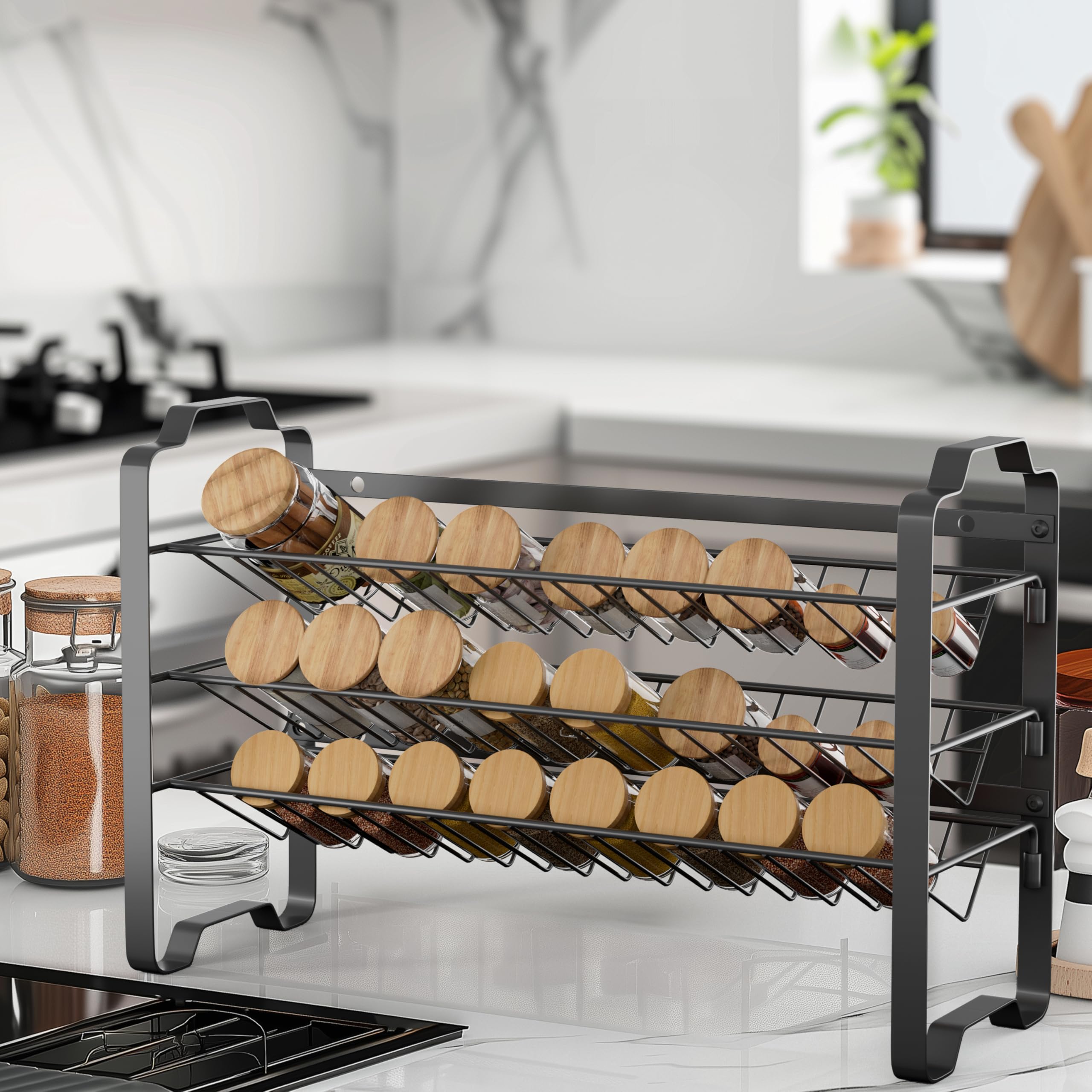 Duffy Spice Rack stainless steel Organizer with 24 Empty Square Spice Jars, Spice Labels with Chalk Marker and Funnel Complete Set, for Countertop, Cabinet or Wall Mount