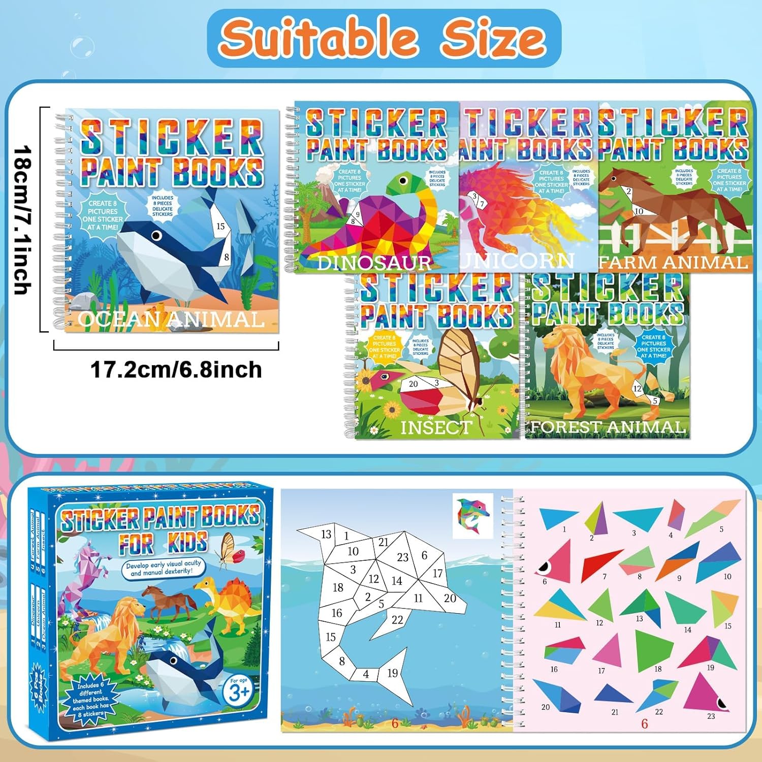 6 Pcs Paint by Sticker Books for Kids Ages 4-8 Sticker by Number Books Activity Book for Kids Ages 3-5 Sticker Puzzle Book Craft Art Toddler Girls Gift with Dinosaur Unicorn Forest Animal 48 Pictures
