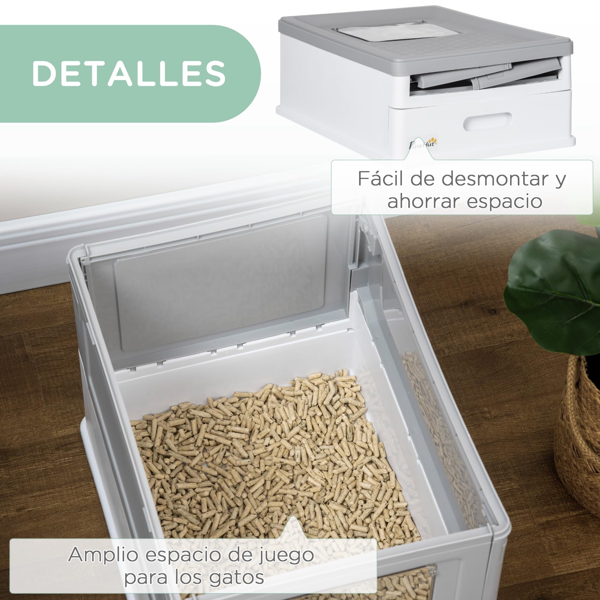 PawHut Arenero para Gatos Plegable Bandeja Extraíble Tapa Gris y Blanco | Caja de Arena para Gatos, Pala, Fácil de Limpiar, Control de Olores, Antichapotones, para Raza Pequeña y Mediana