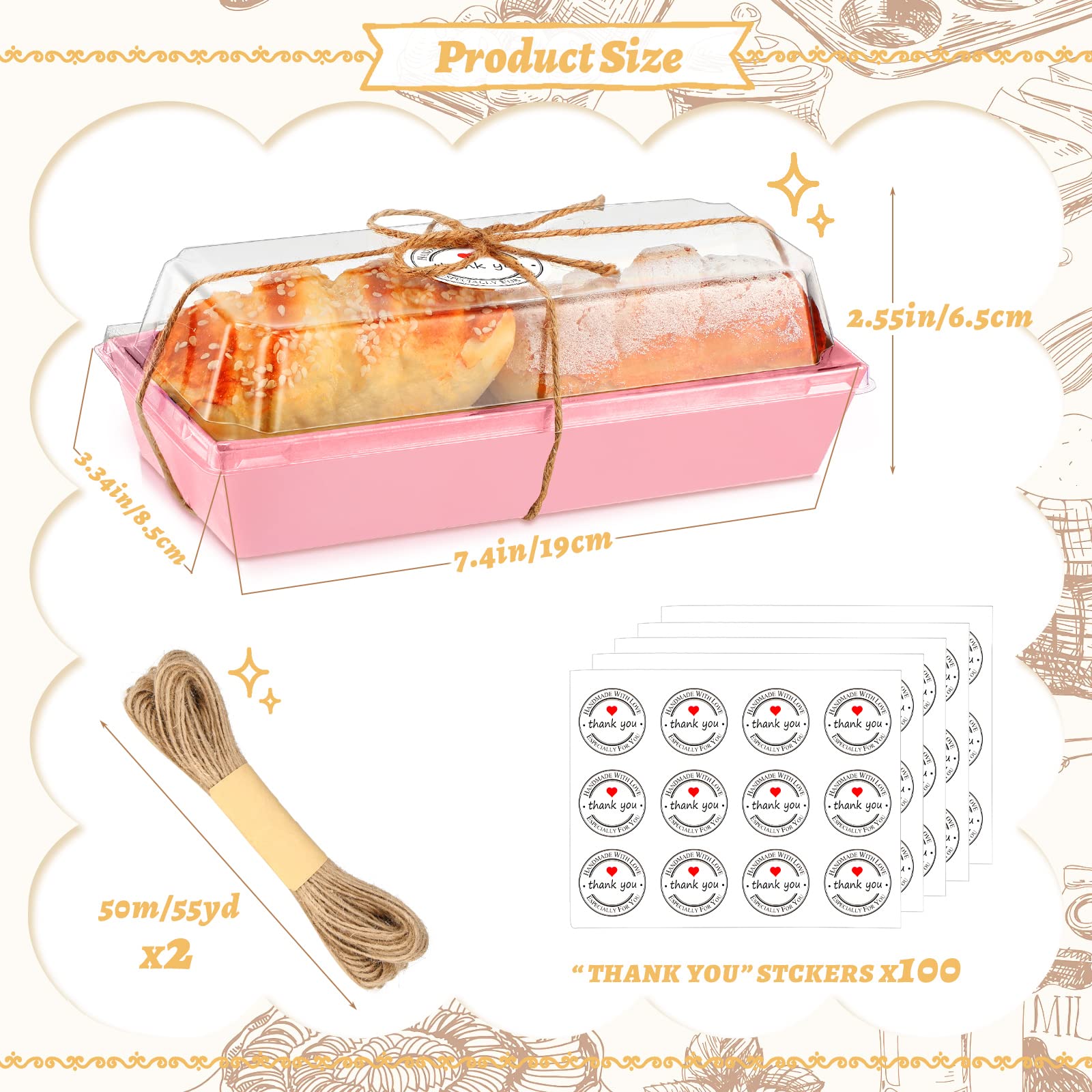 Inbagi 100 Pieces Charcuterie Boxes with Clear Lids Stickers and Ropes, Paper Rectangle Sandwich Box for Bakery Cookie Desserts Macaron Strawberries Mini Cakes Packaging (Pink)