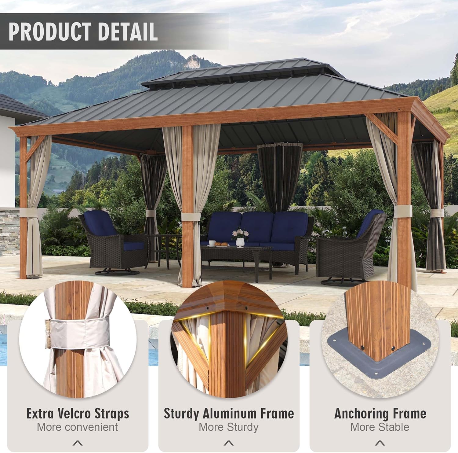 12'x18' Hardtop Gazebo with Netting and Curtains, Outdoor Heat Transfer Aluminum Frame Pergola, Heavy Duty Metal Double Roof of Galvanized Steel Pavilion for Patio, Backyard, Deck, Lawns