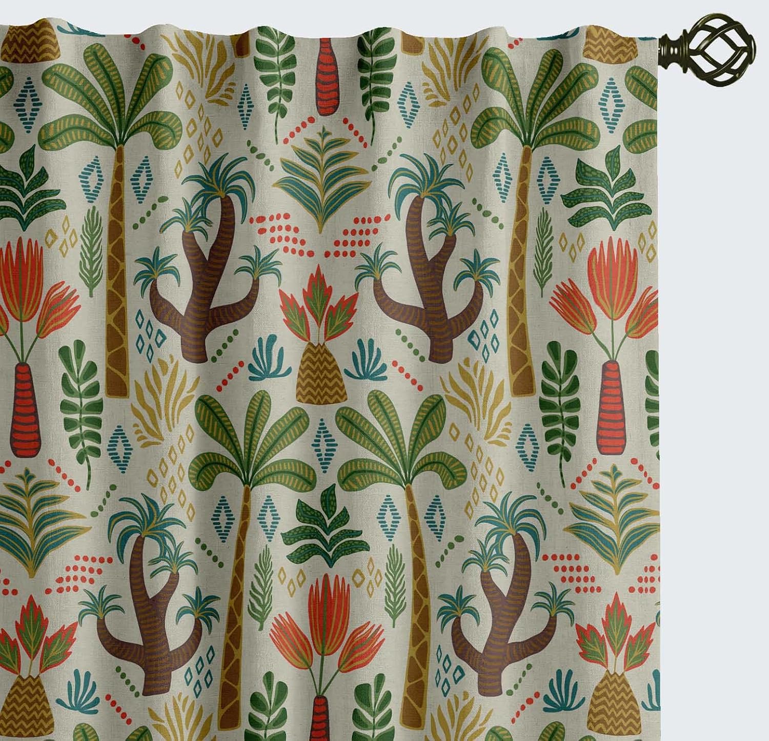 Cotton Curtains for Windows - 3-in-1 Rod Pocket/Back Tab Short Window Drapes - Light Filtering Cotton Canvas Panels - Set of 2, 52"x63" - Tree Print (Beige)