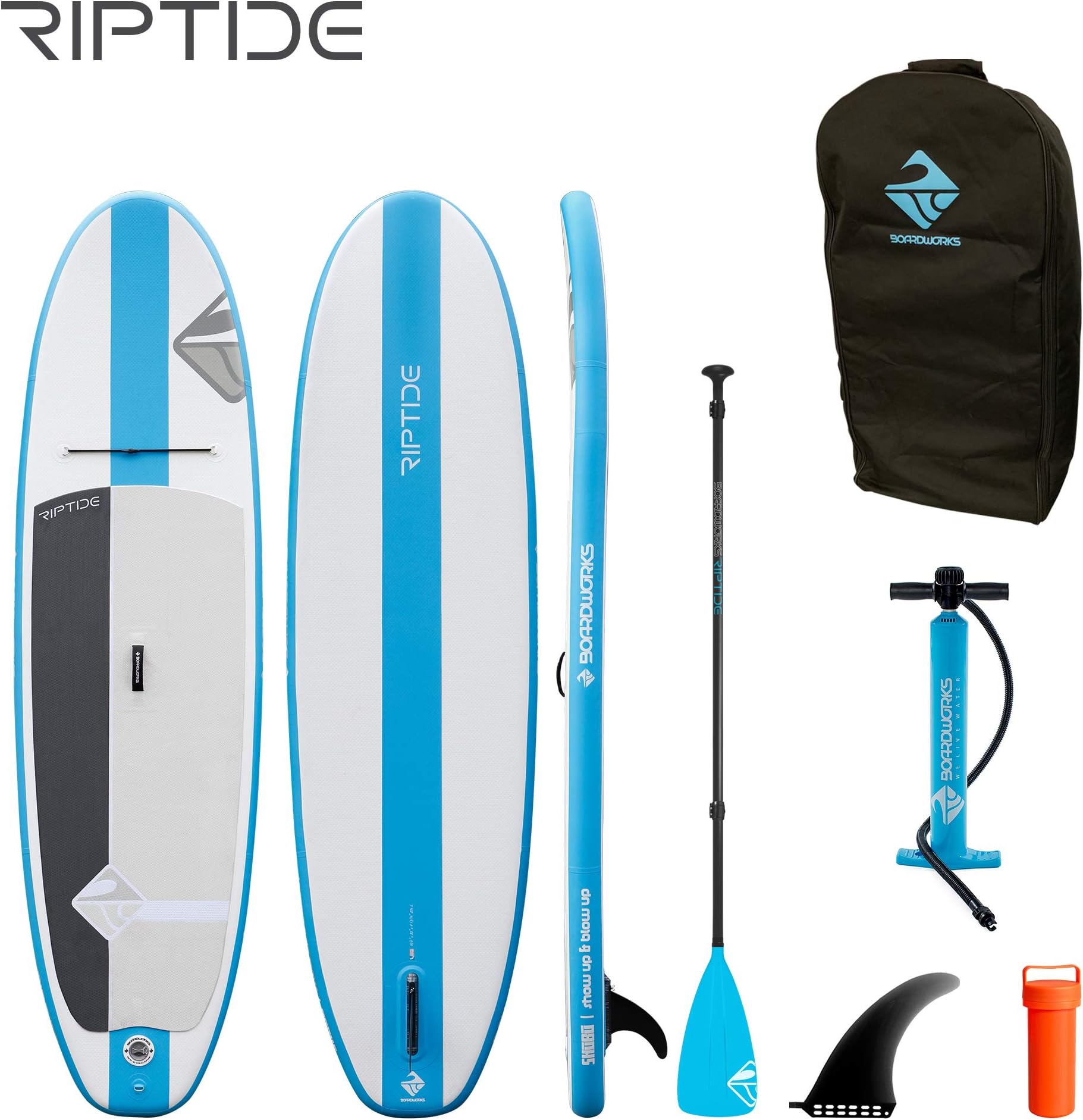 BoardworksSHUBU Riptide Inflatable Stand-Up Paddle Board (iSUP) | SUP Package Includes Three Piece Paddle, Carry Bag and Pump (SUP) Complete Kit | 10’6”, Blue/White/Grey