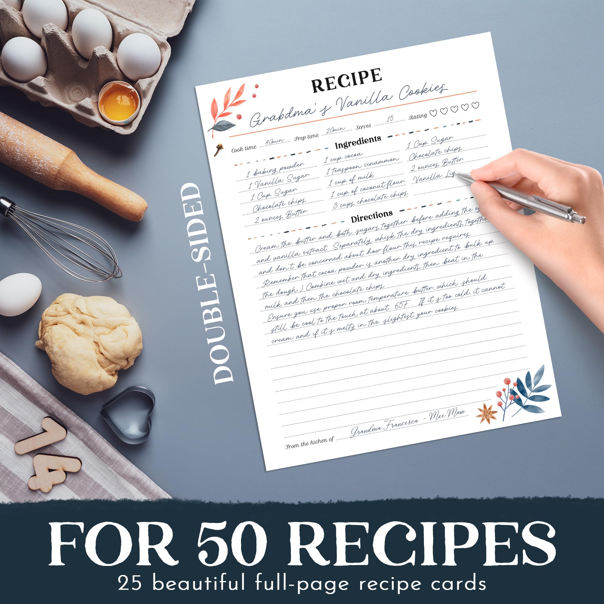 Raccoglitore per ricette deluxe, raccoglitore a 3 anelli per libri di cucina a quadri con 12 divisori personalizzati, 25 pagine protettive, schede per ricette spaziose, tabella di conversione della