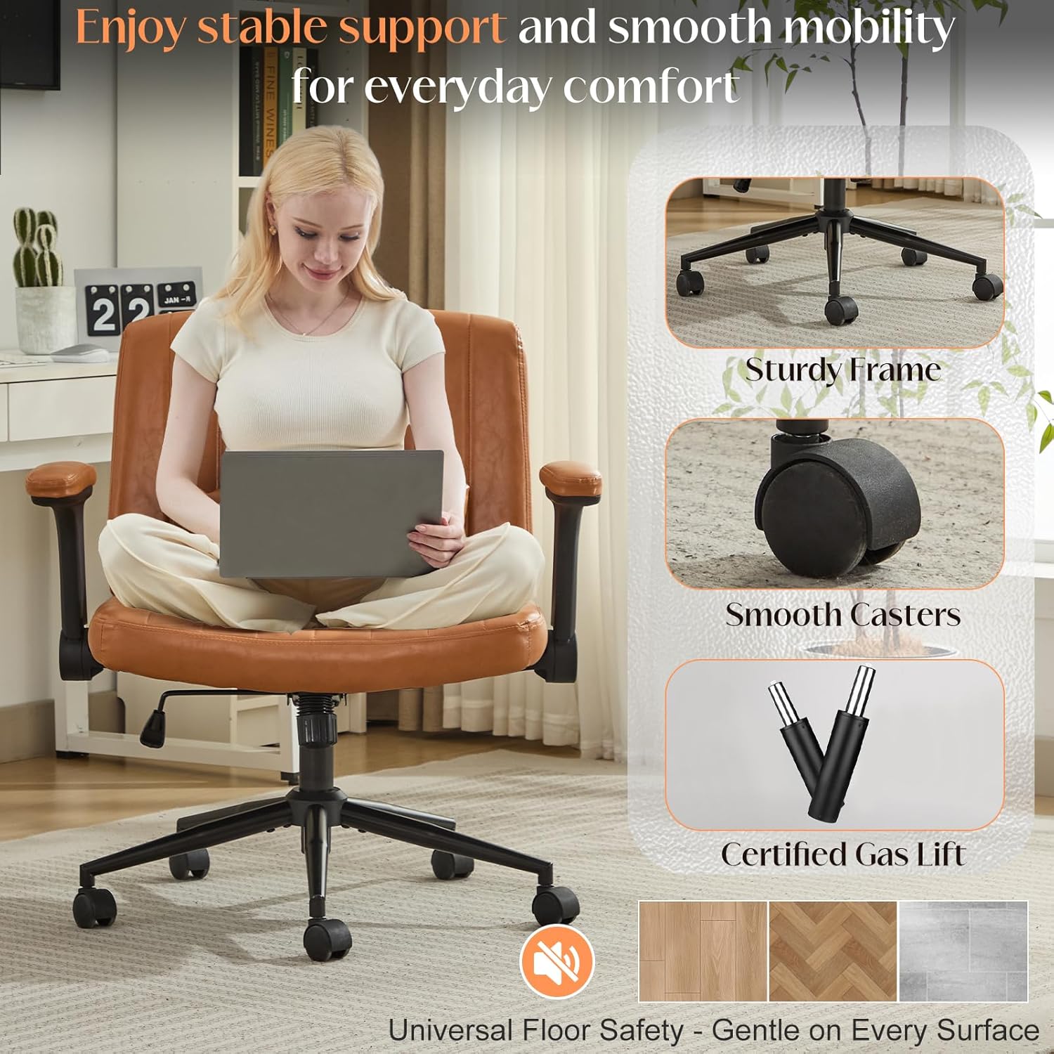 SAMERY Criss Cross Chair with Adjustable Flip-Up Arms, Wide Cross Legged Office with Wheels, Desk Vanity Chair Height Adjustable Swivel for Home Office Vanity Computer Task (Brown, with Armrests)