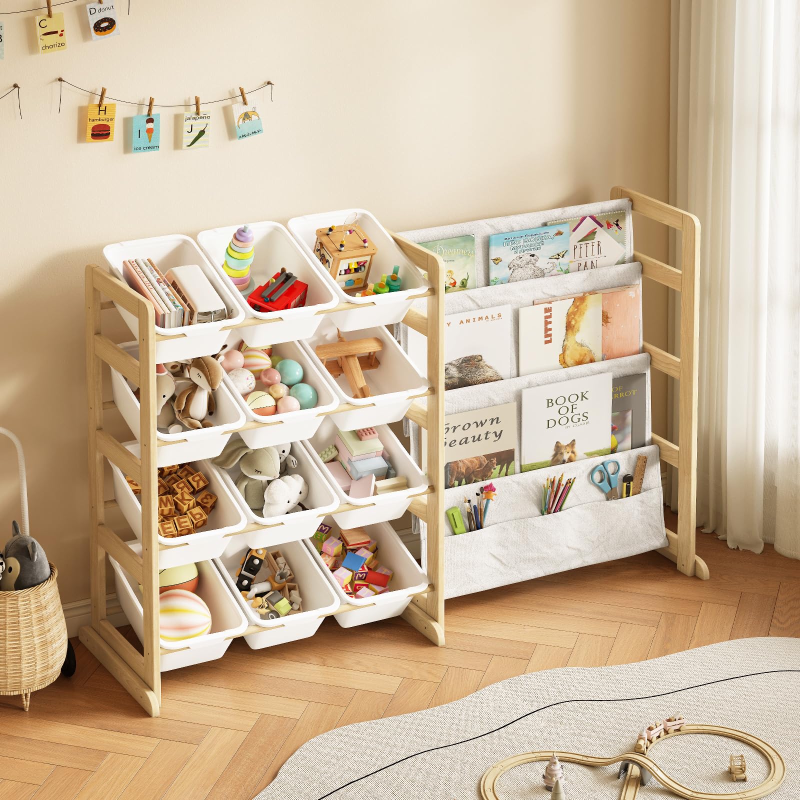 EXPERLAM Organizador de almacenamiento de juguetes con estantería, 12 contenedores de almacenamiento, estante multiusos de 4 niveles para organizar juguetes y libros para habitación de niños, sala de