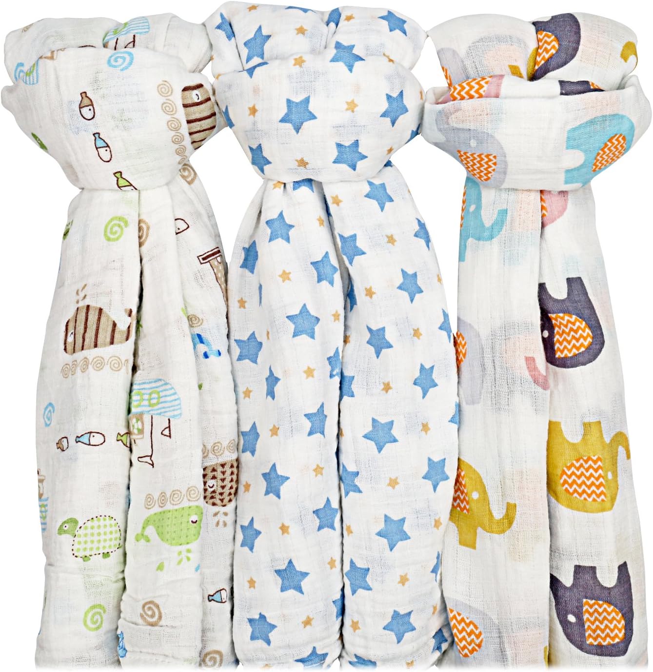 Large & Light Muslin Swaddle Blanket Baby Blankets Unisex,Skin Friendly Soft Cotton Swaddle Towel Baby Shower Blankets for Girls Boys,47 X 47 in,3 Pack (Blue Star & Sea World & Elephant Pattern)