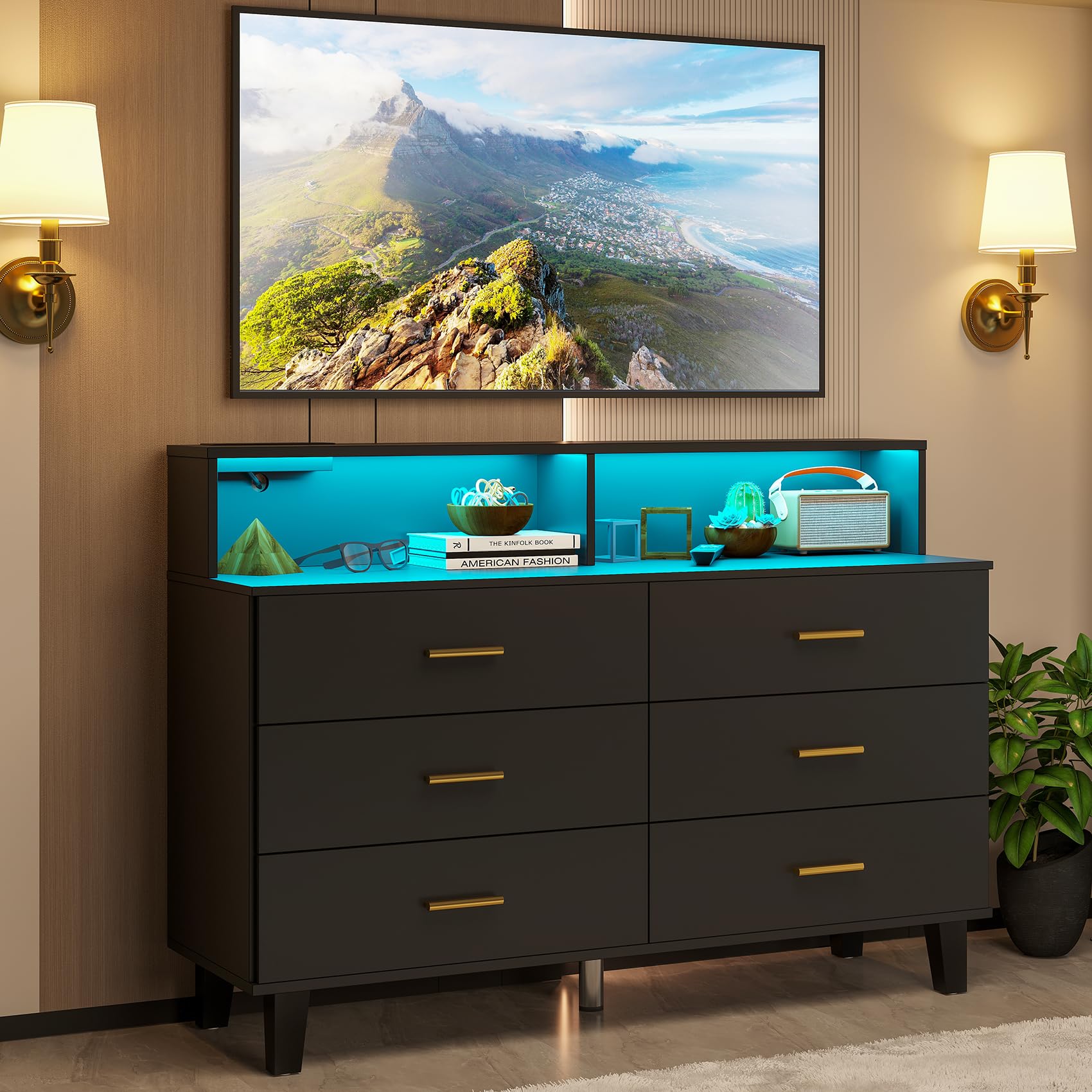 Black Dresser with LED Lights, 6 Drawer Dresser with Power Outlet for Bedroom, Large Wooden Chest of Drawers, Organizer Cabinet for Bedroom,Living Room,Hallway, Entryway