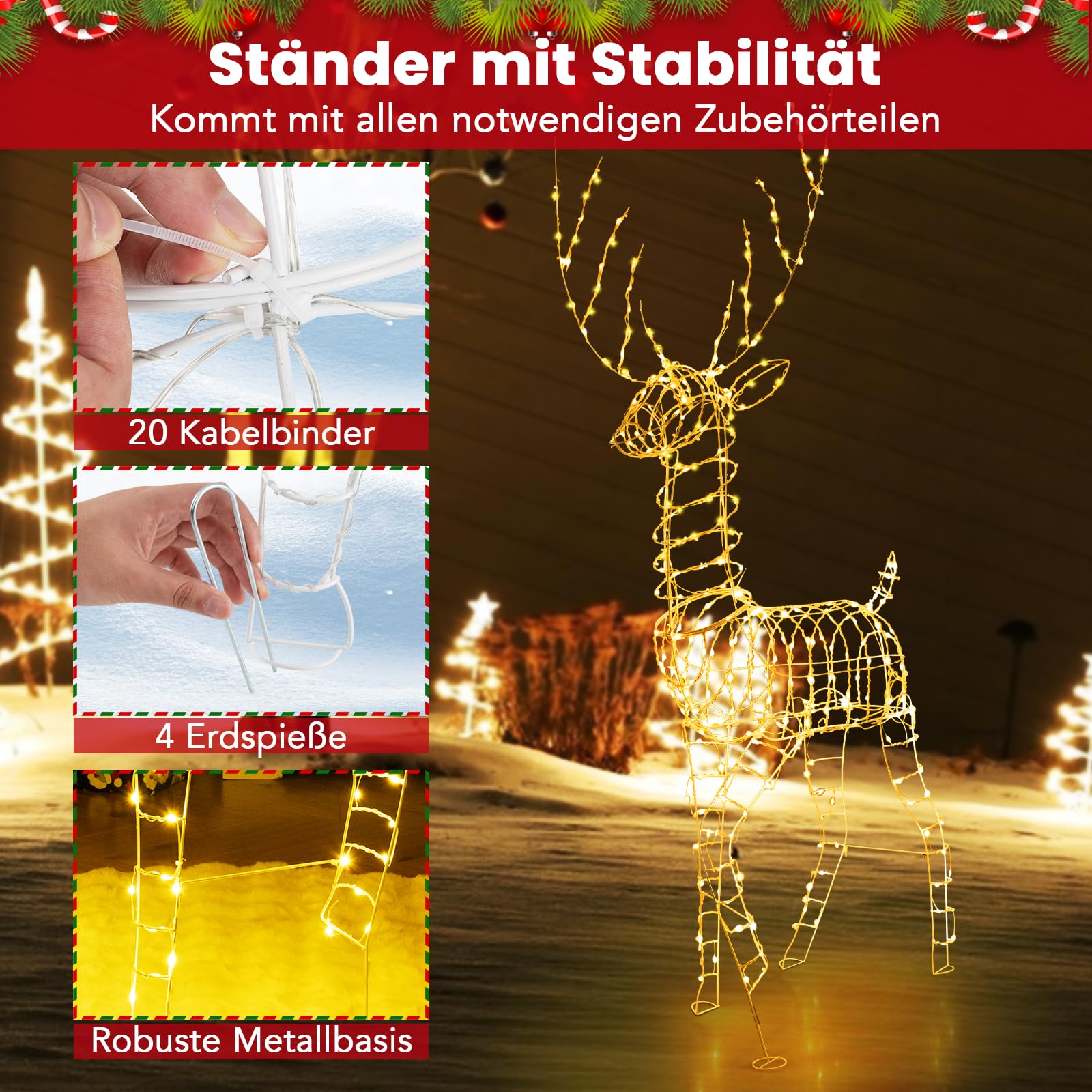GOPLUS 186cm LED Rentier Weihnachtsdeko, beleuchteter Weihnachtshirsch Metall Gold, Weihnachtsdekoration Rentier mit 300 warmweißen Lichtern, Weihnachtsbeleuchtung Rentier für Außen Innen Dekoration