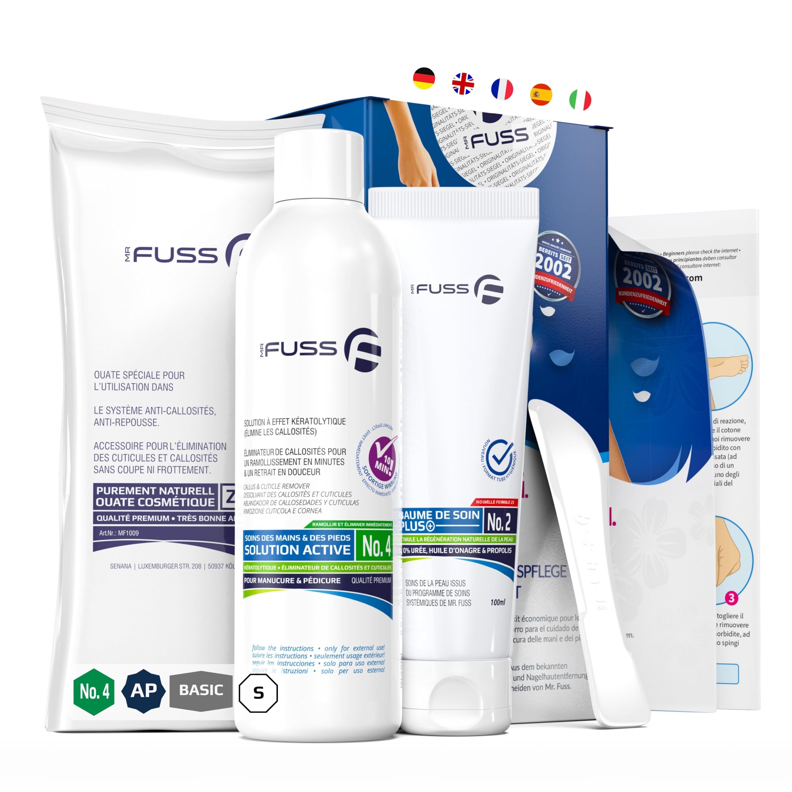 Mr. Fuss® Solution No. 4 pour enlever la callosité - adoucissement rapide - 250ml Advanced Pack Basic - contre la peaux mortes y les cuticules avec effet immédiat en 10 minutes