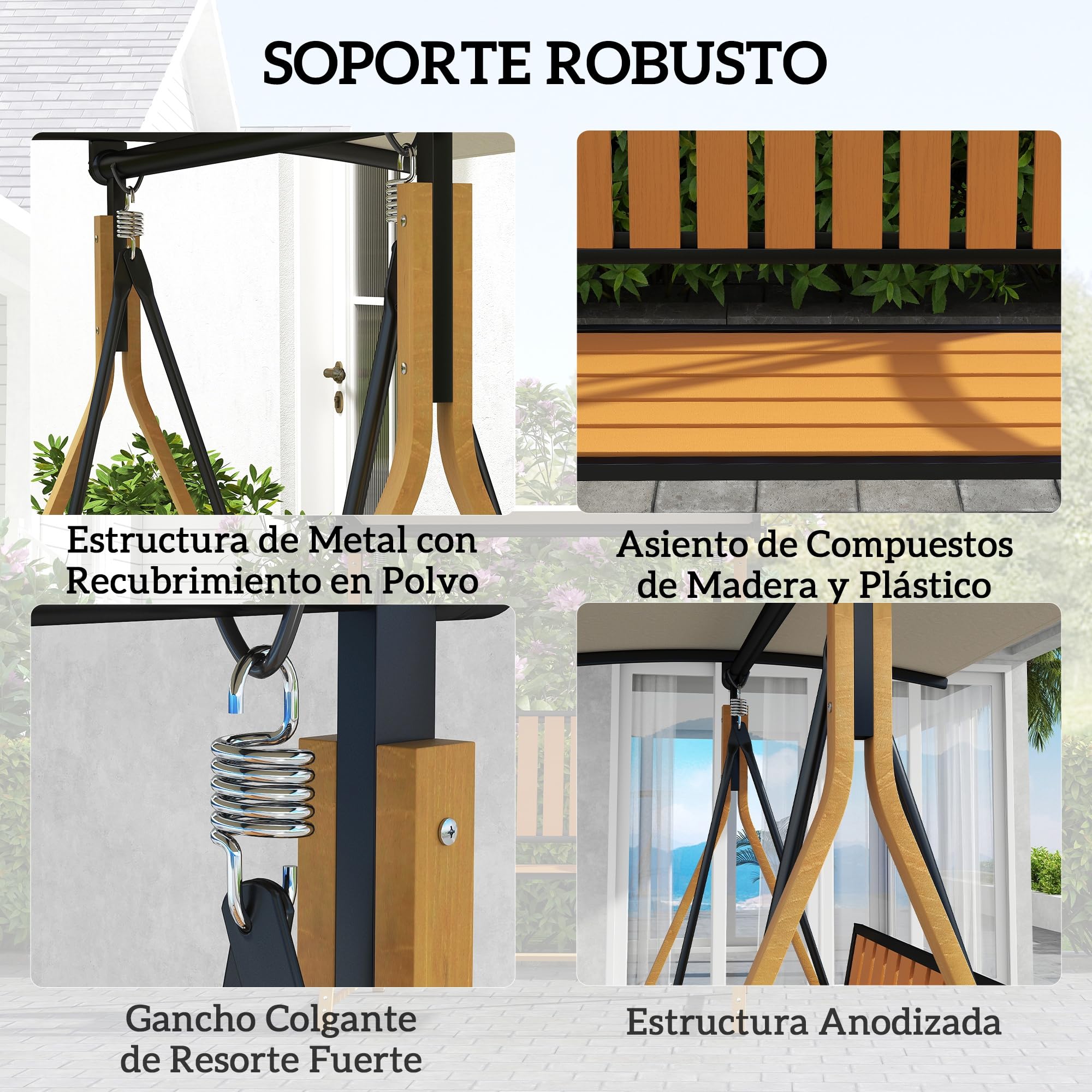 Outsunny Columpio de Jardín Exterior de 2 Plazas Grano de Madera Balancín de Jardín Exterior con Toldo Ajustable y Estructura de Metal Carga 240 kg 142x112x162 cm Natural y Beige