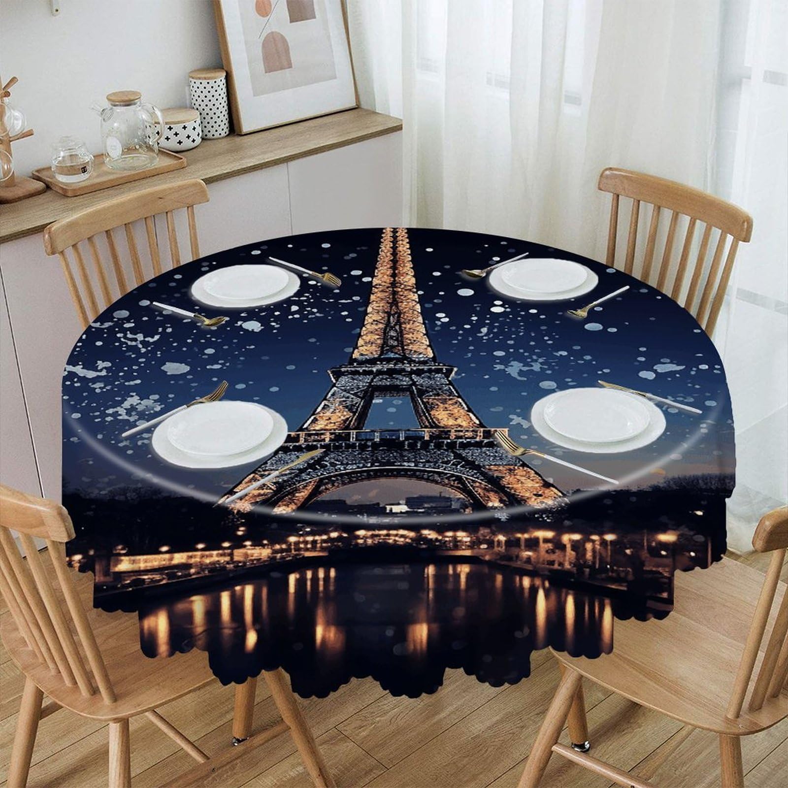 VstaDank Night Paris Eiffel Tower Round Tablecloth Premium Polyester Table Cloth Heavy Duty Washable Fabric Tablecloth Waterproof Holiday Table Cover Decorative Tablecloths for Dining 60"