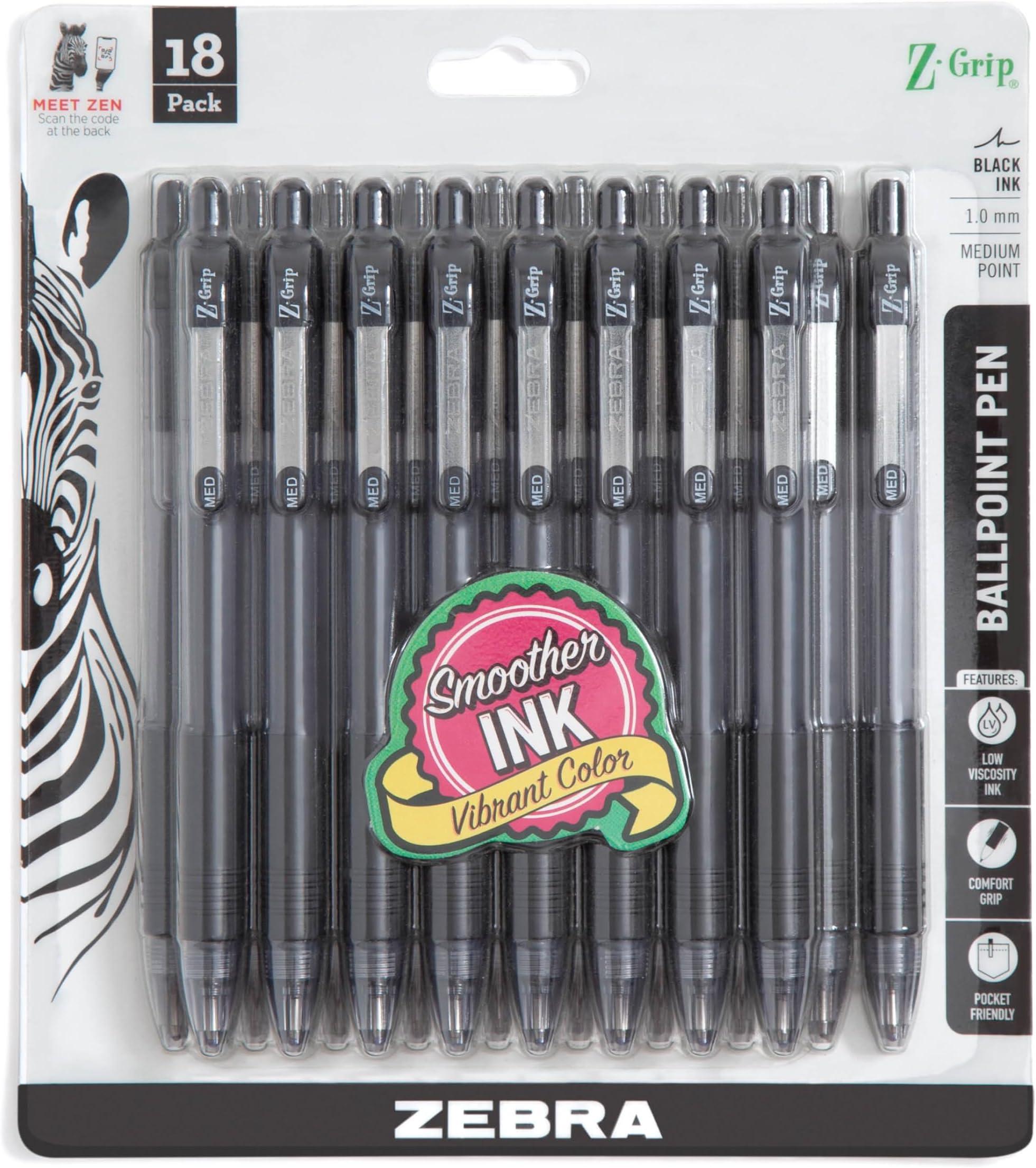 Zebra Pen Z-Grip Retractable Ballpoint Pen, Medium Point, 1.0mm, Black Ink, 18 Count (Pack of 1), Model Number: 22218