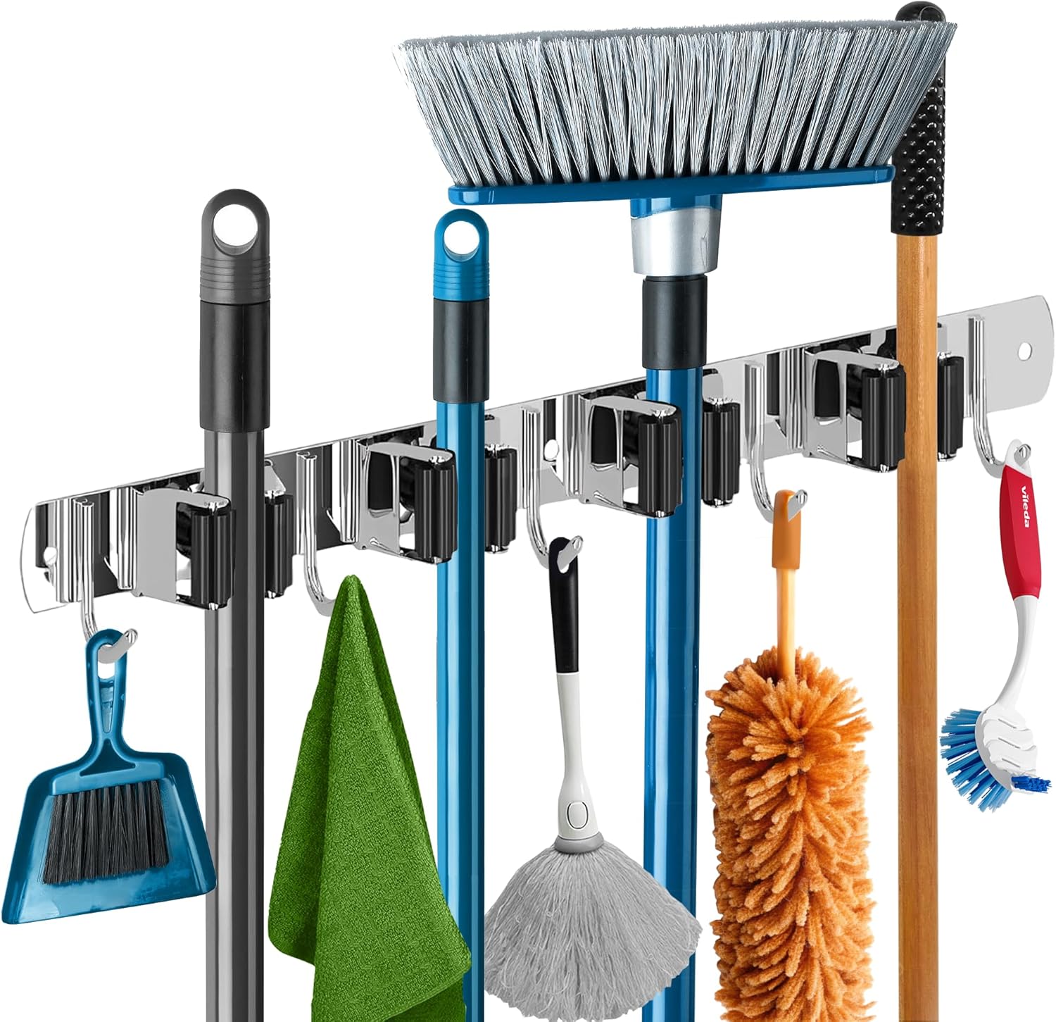 The Good Stuff Heavy Duty Mop and Broom Holder Wall Mount – Stainless Steel 5-Rack Organizer with 4 Hooks – Space Saving, Rust-Resistant Utility Rack for Garage, Kitchen, Laundry or Garden Tools