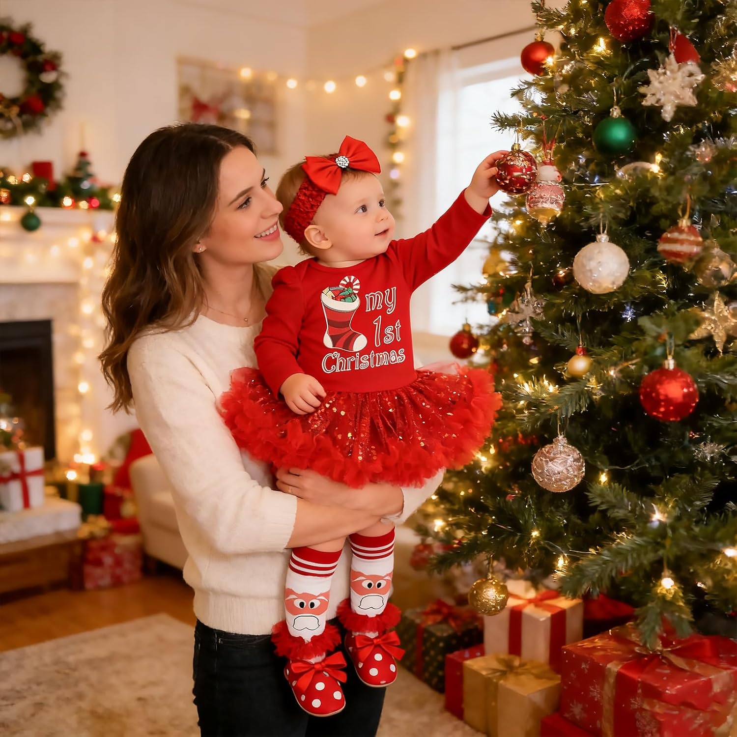 Kunyeah Baby Girls First Christmas Outfit Newborn Romper Tutu Dress Infant Sequin Xmas Skirt with Shoes Headband Leg Warmer - Image 3