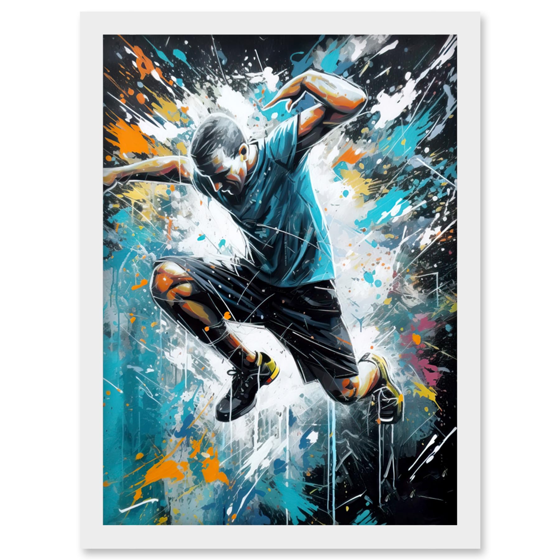 Artery8 Man Doing Parkour Jump Pose Paint Splat Portrait Artwork Framed Wall Art Print A4