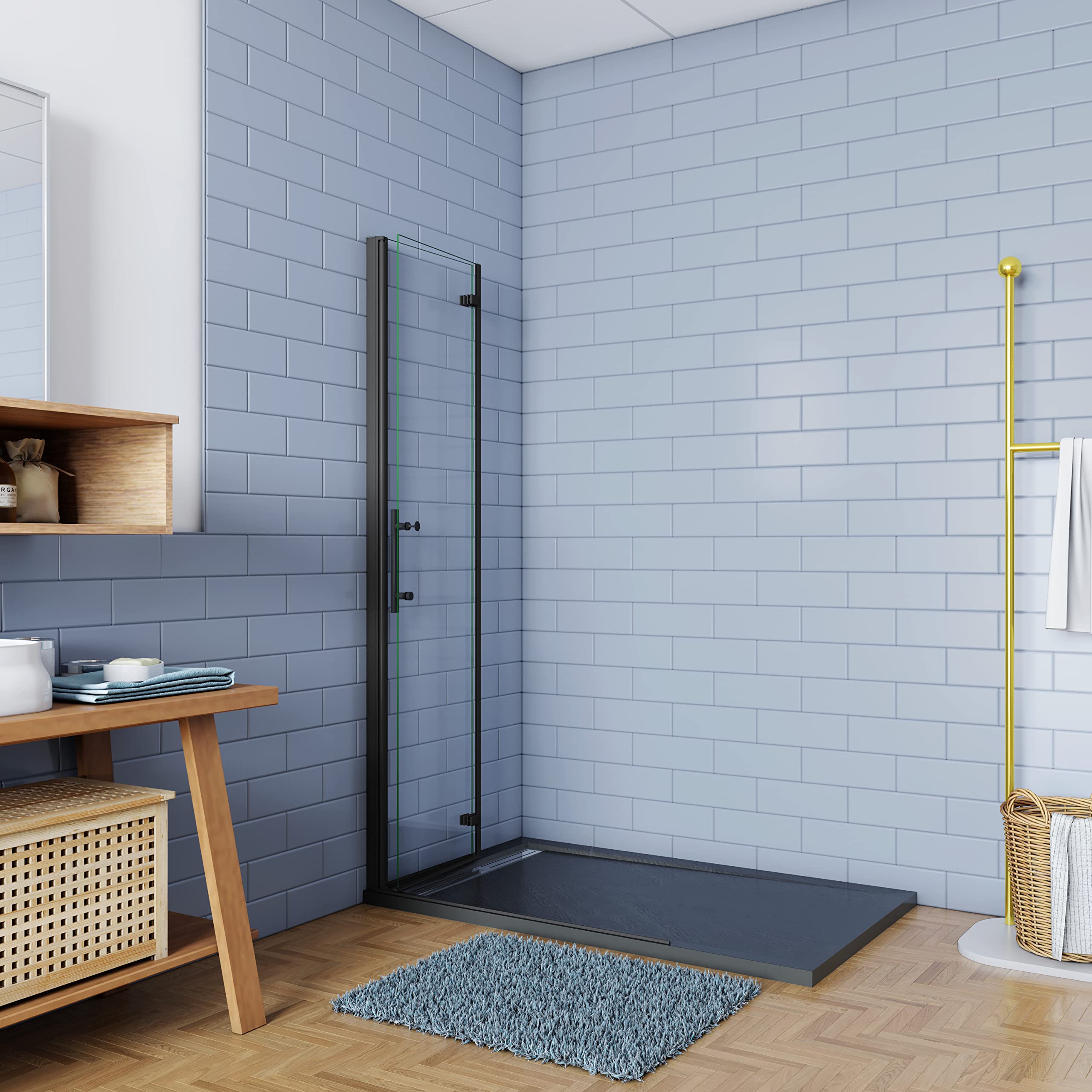 Aica Sanitaer Ducha de acceso libre, 2 hojas plegables, cristal templado 5 mm, Easyclean, negro mate, industrial, 96x190cm