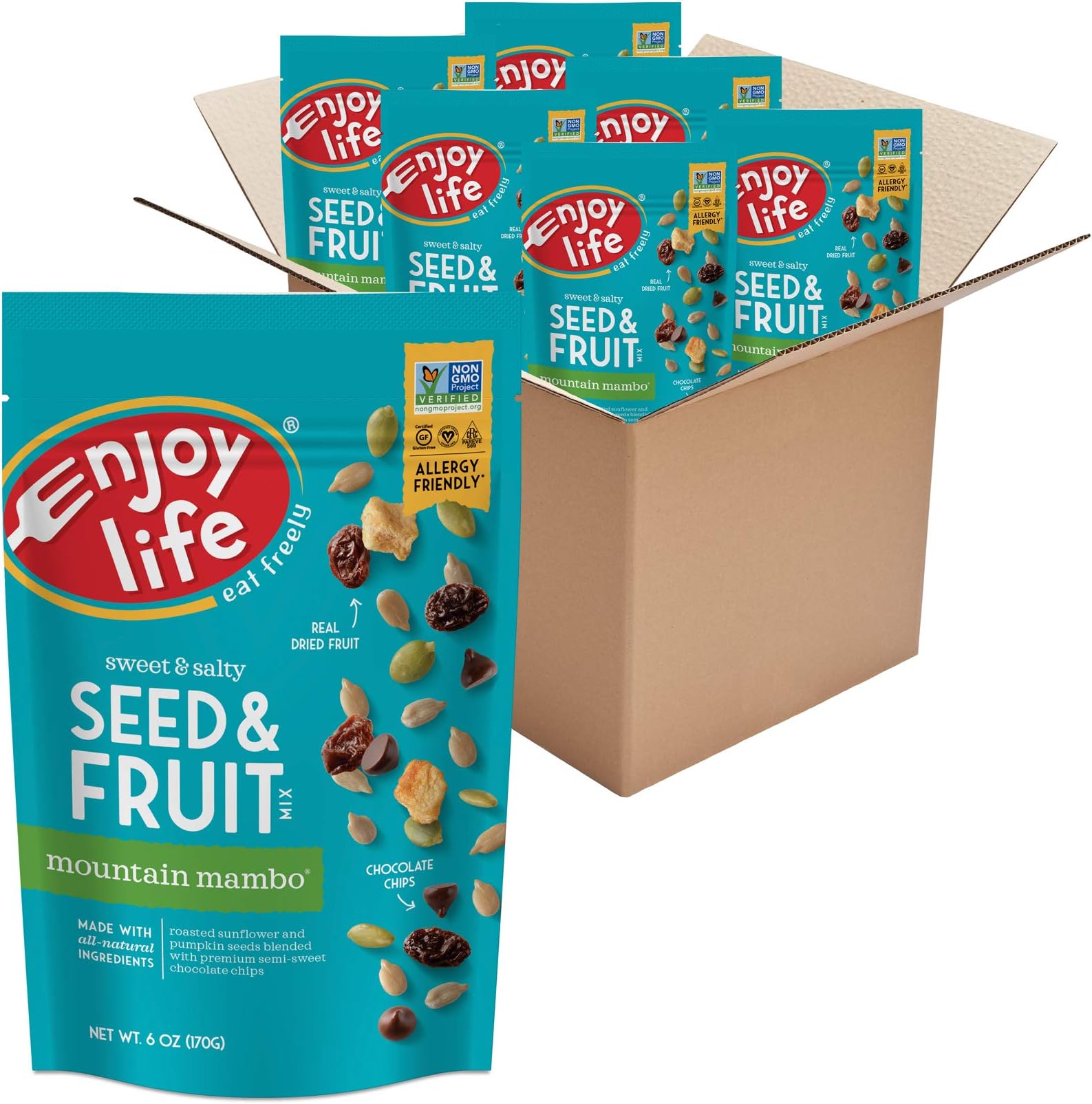 Enjoy Life Seed & Fruit Mix, Peanut Free Trail Mix, Soy Free, Nut Free, Gluten Free, Dairy Free, Non GMO, Vegan Snack Mix, Mountain Mambo, 6 - 6 oz Packs