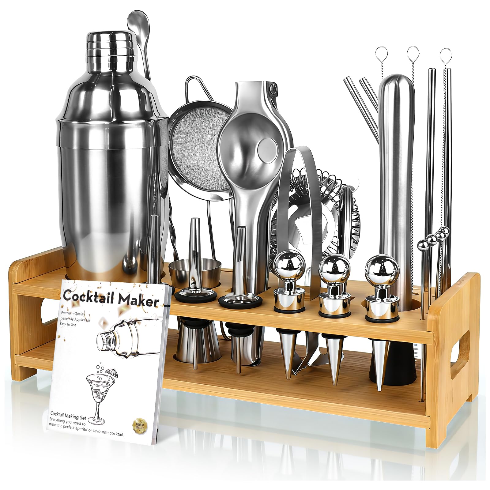 26 Piece Cocktail Shaker Set, 750ml Stainless Steel Bartender Kit with Bamboo Stand, Professional Cocktail Making Kit & Home Bar Gift Set for Men, Women & Mixologists, Silver
