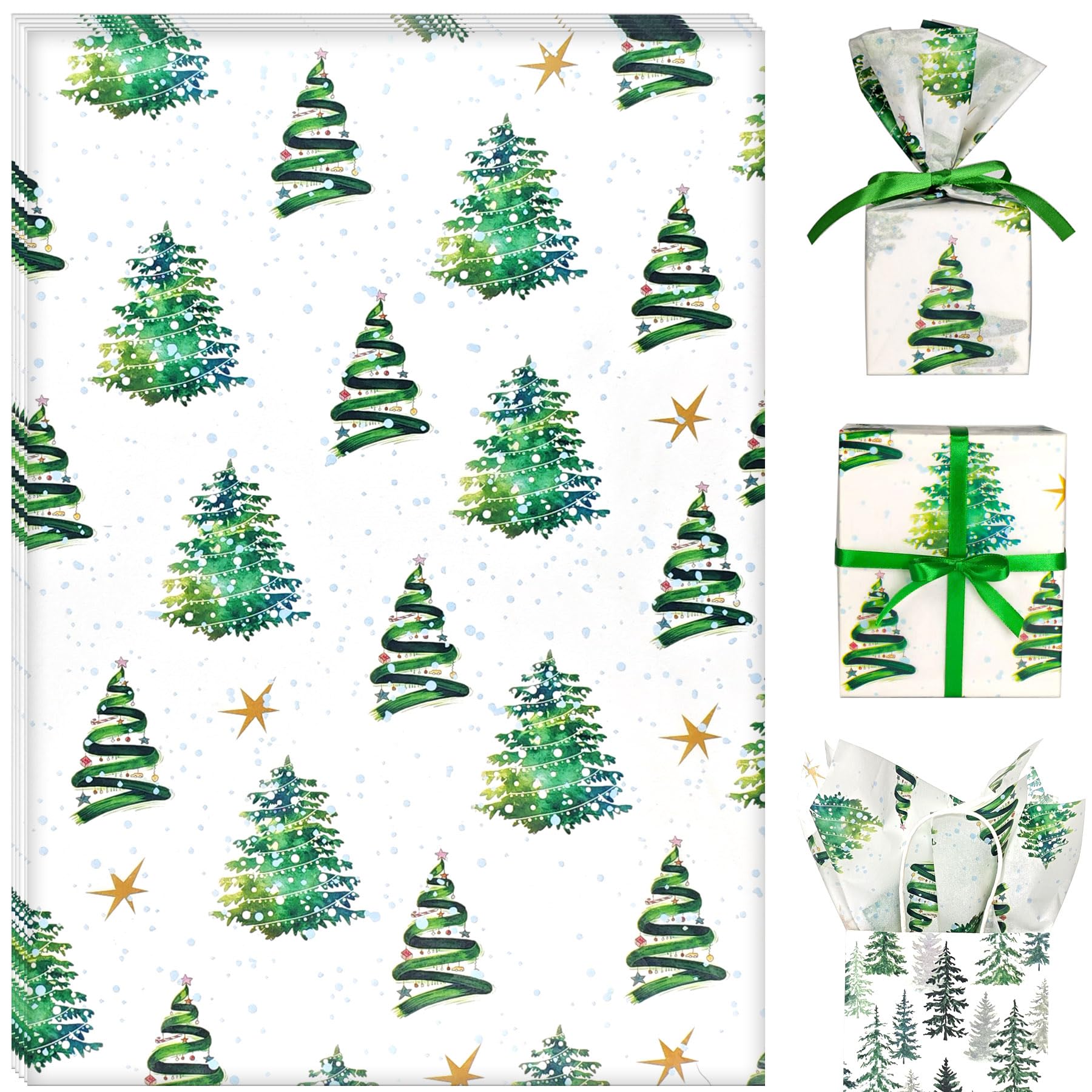 LIAPAWPAW Christmas Tissue Paper, Watercolor Christmas Tree with Lights Pattern, Green Holiday Wrapping Tissue Paper for Gift Bags Xmas Presents Gift Packaging Winter Crafts Decor, 30 Sheets, 50x35cm