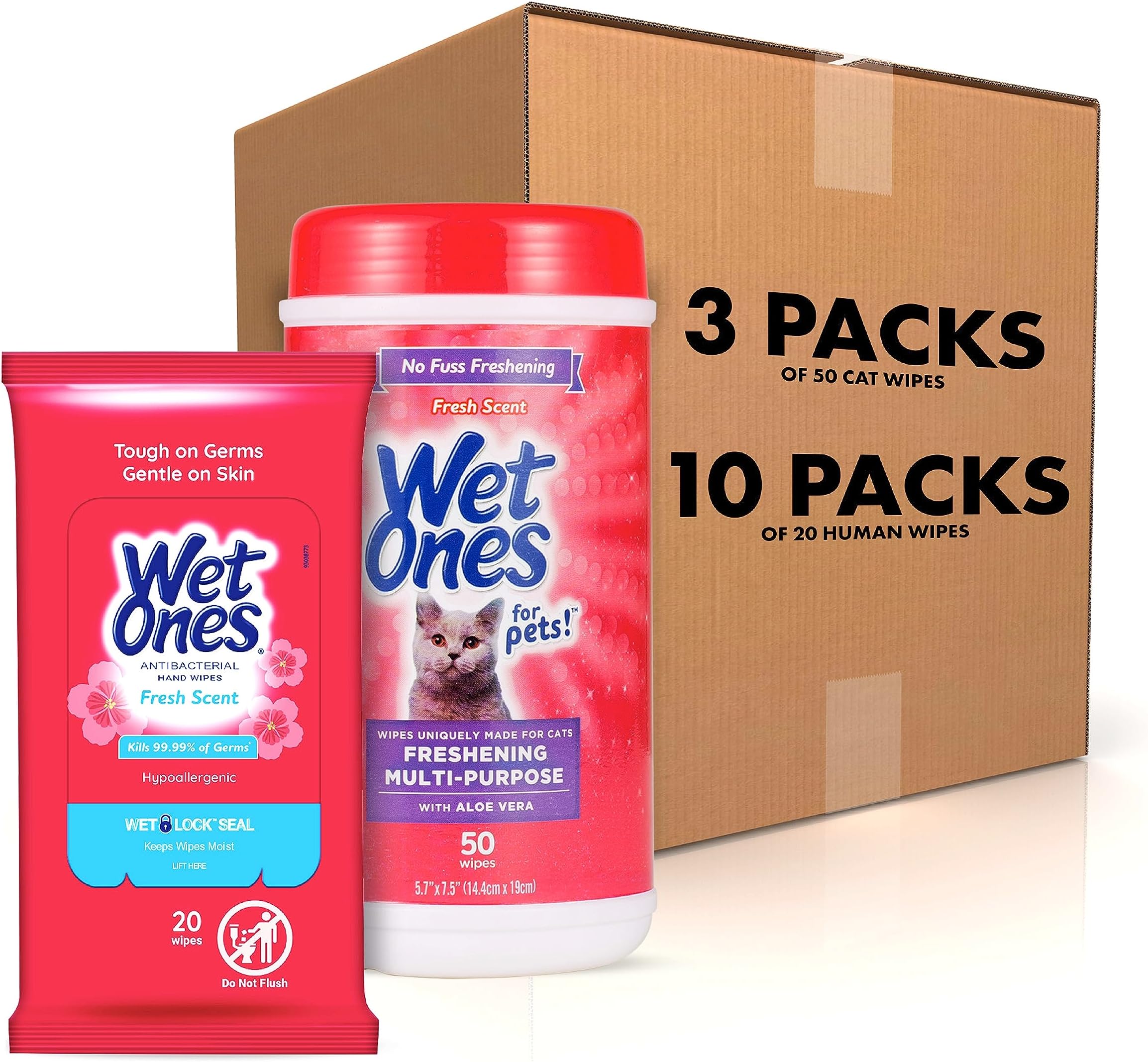 Wet Ones Mixed 13 Piece Bundle of Human & Cat Wet Wipes, Fresh Scent | 10 Packs Antibacterial Hand and Face Wipes, 20ct Plus 3 Packs for Pets Multipurpose Cat Wipes, 50ct